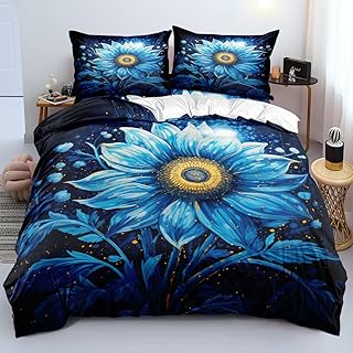Ydtwnyq Blue Sunflower Duvet Cover Set Bedspread,Girl Sunflower Garden Landscape Painting Photo, Decorative Quilted 3 Piece Coverlet Set with 2 Pillow Shams, Queen