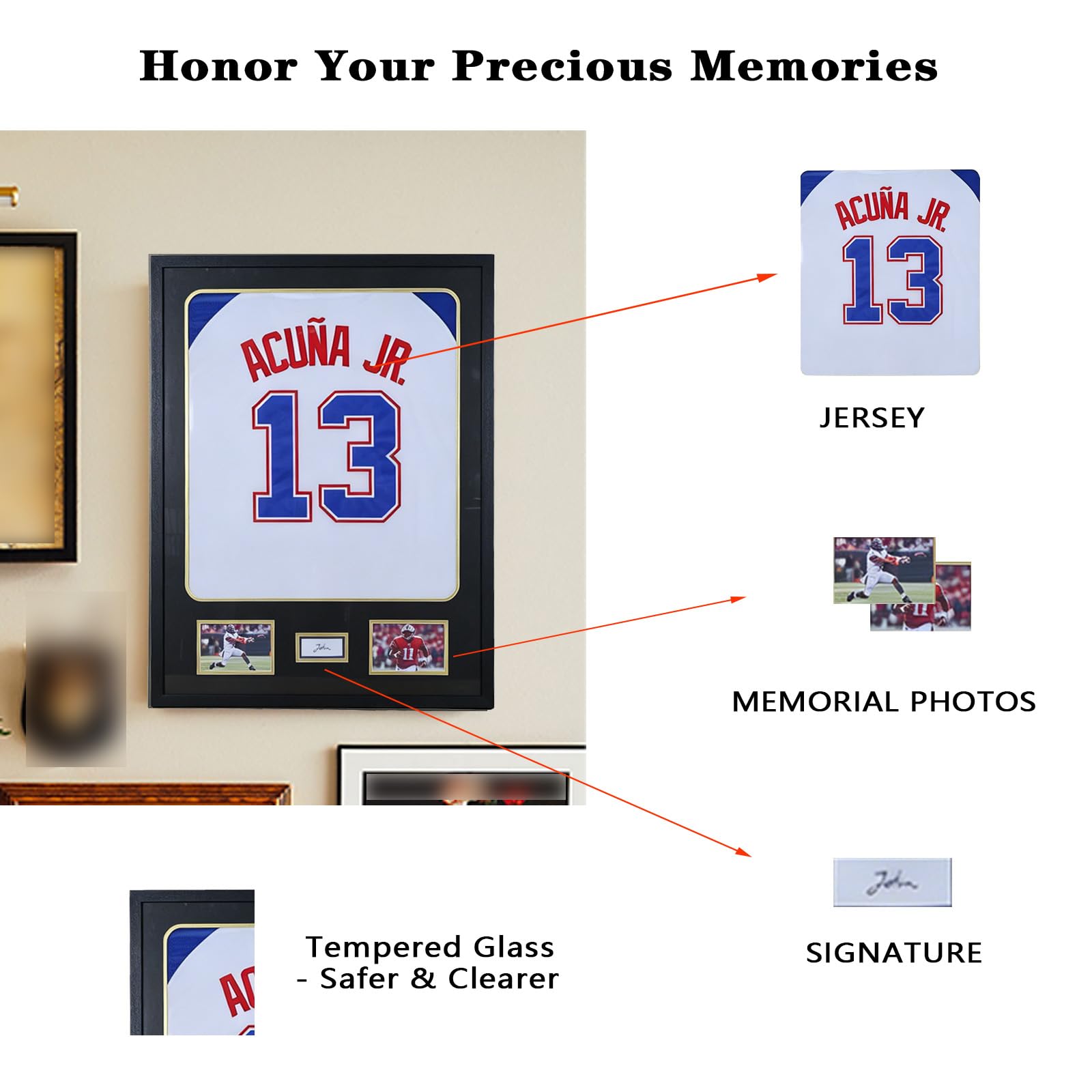 Vitrina con marco de jersey con paspartú, de madera, para montar en la pared, con cristal templado y alfombrilla para camisetas de fútbol, baloncesto, béisbol, fotos y una firma, color negro
