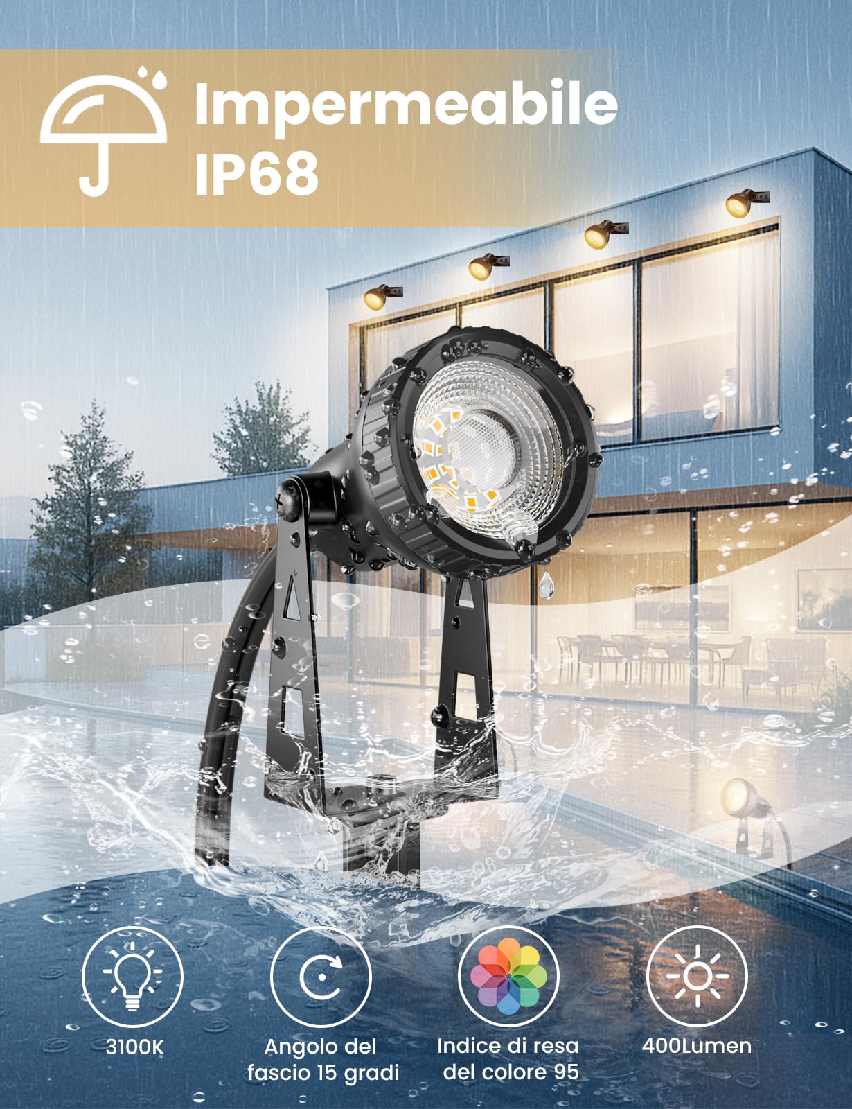 ZOTOYI Impermeabile IP68 Faretti da Giardino Kit Illuminazione Giardino 32M 10-in-1 con Adattatore, 30W LED Luce Calda 3100K per Prati, Viali d'Ingresso, Eventi all'Aperto
