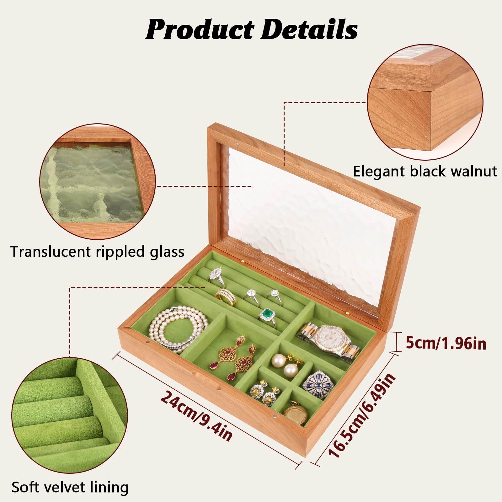 ZILAMPU Schmuckschatulle aus Holz, 1-lagig, Schmuckschatulle mit Glasdeckel, Vintage-Schmuck-Organizer aus Holz, separate Fächer, Schmuckschatulle für Ringe, Ohrringe, Halsketten, Armbänder