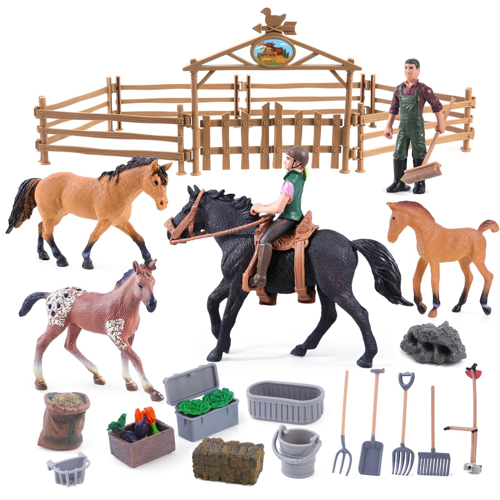 kukifun 40 PCS Horse Toys for Kids, Realistic Horse Stable Playset Barn Toy for Girls Boys, Farm Animals Figurines Pretend Play with Riders & Horses, Birthday Gifts