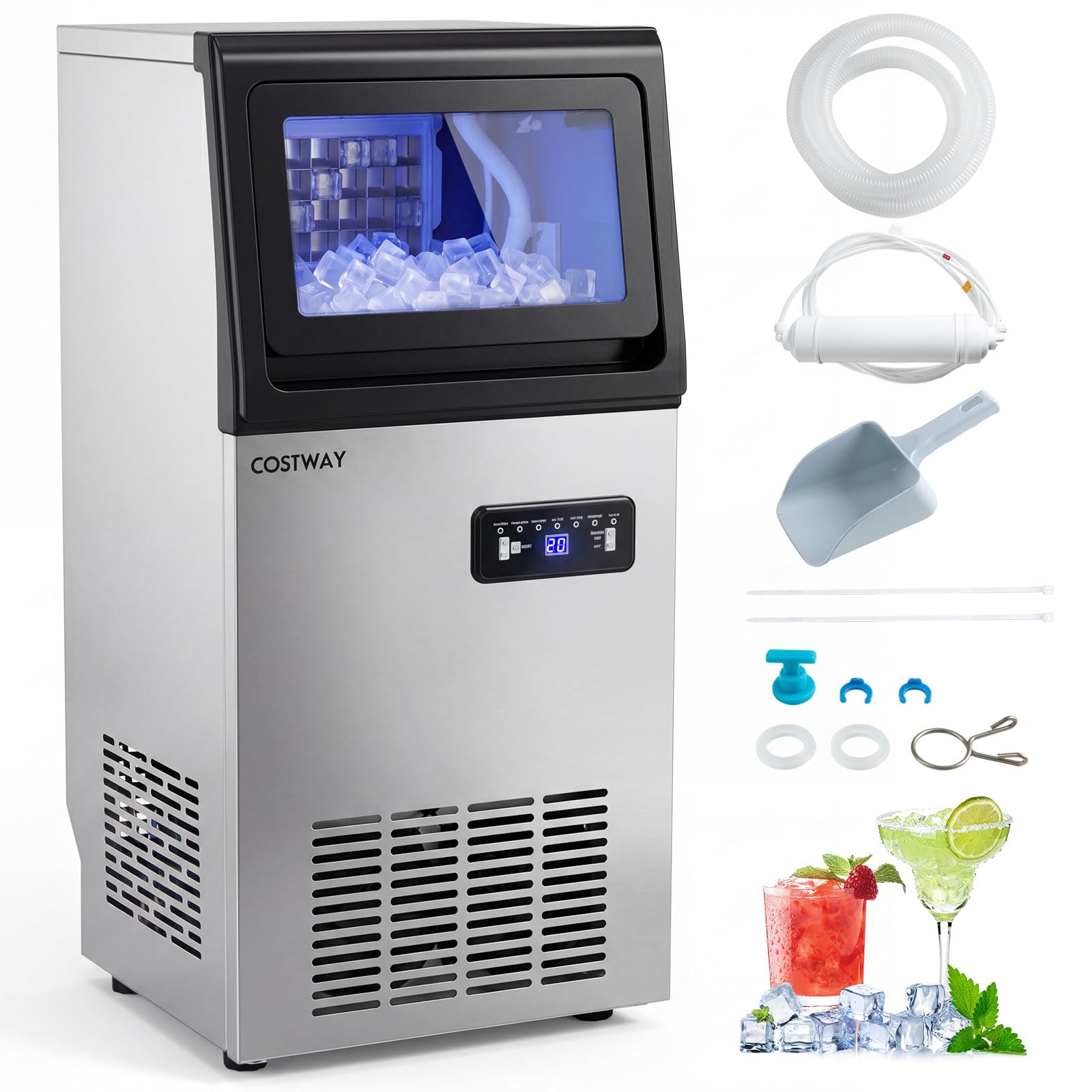 COSTWAY Macchina per Ghiaccio Commerciale 50kg/24h | Fabbricatore Ghiaccio con Autopulizia, Timer, 36 Cubetti in 13 Minuti, Ice Maker con Paletta per Bar Ristorante e Caffetteria