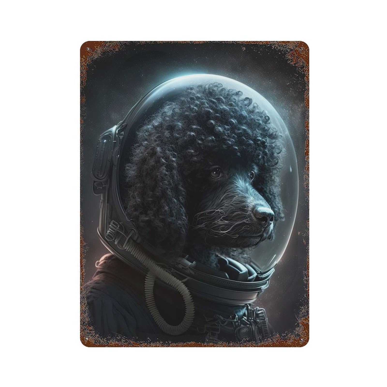 Rust Effect Black Poodle Astronaut Decorative Tin Sign 15.7"x11.8", Rustic Home Decor for Cafe, Home Bar And Lounge Decor