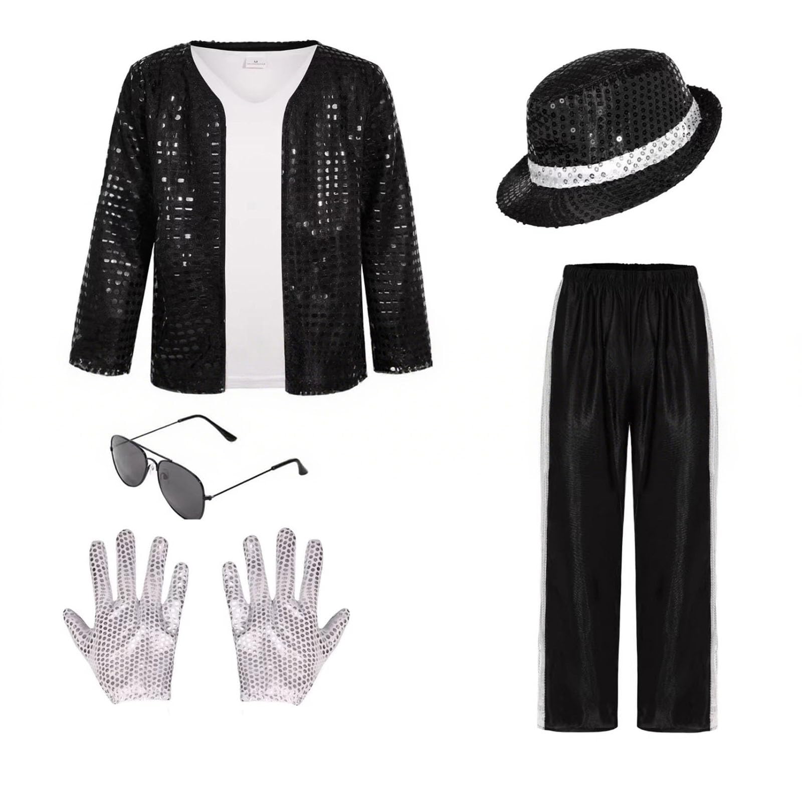 Child King Of Pop Musician Costume 7-Piece Set Sequin Jacket Striped Pants With Hat Sunglasses Gloves And T-Shirt 80s 90s Music Icon For Halloween Party Stage Performance And Fancy Dress - Image 4