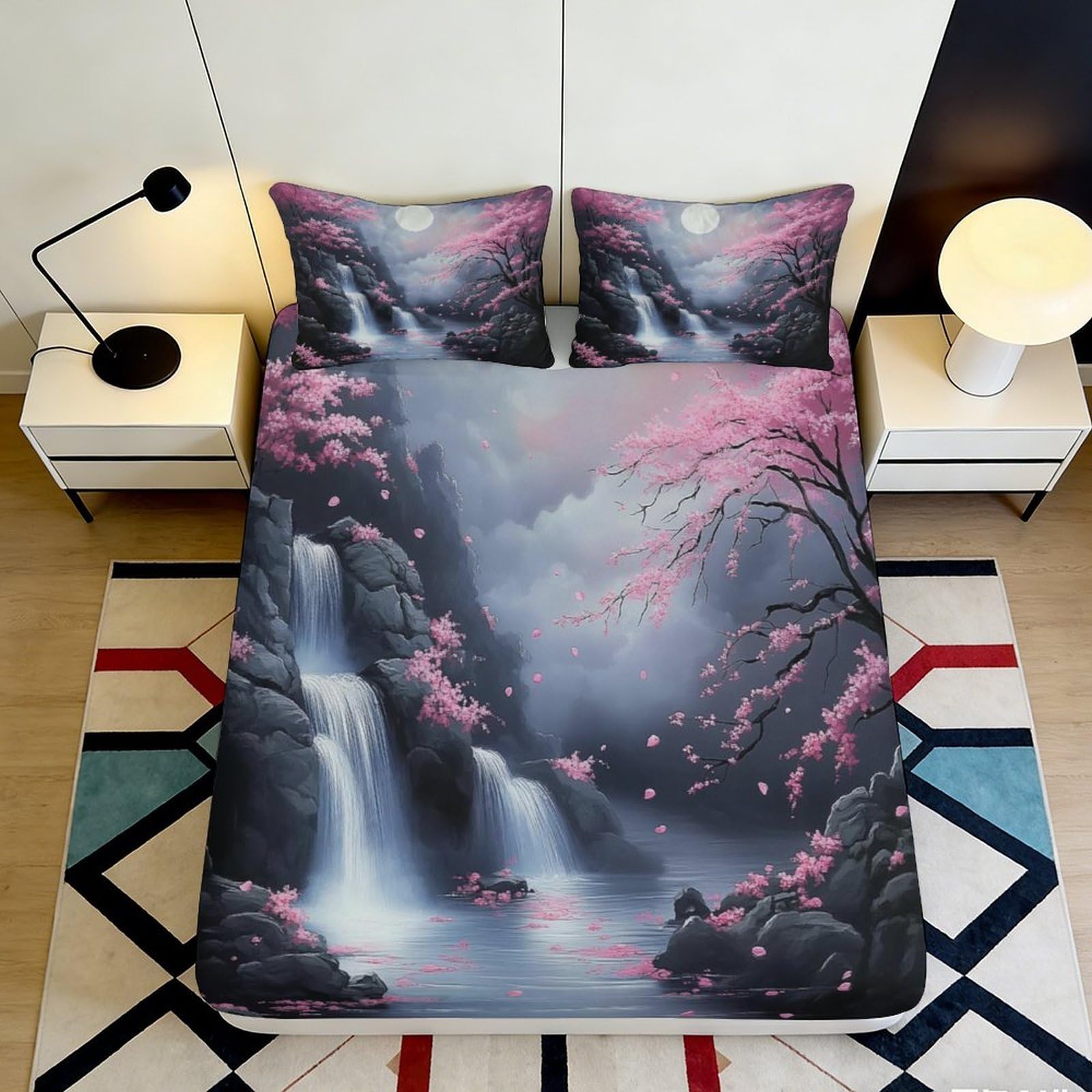 Jqzkxnhpbr Style-2 3D Printed Waterfall Sakura Fitted Sheet Microfiber Soft Breathable Mist Forest Bed Cover For Bedroom Guest Room Decor 90X200x25cm