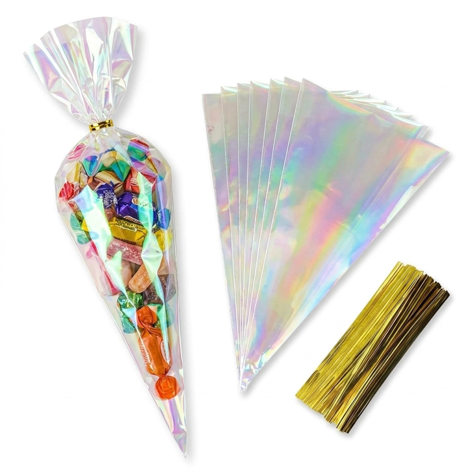 50PCS Triangle Sweet Cone Bags with Twist Ties – 16 x 30 cm