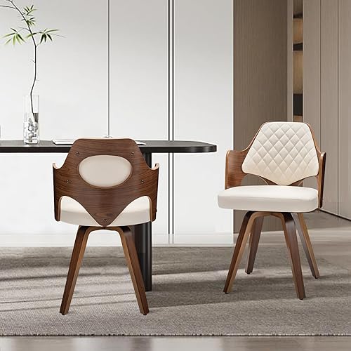 Miniatura 4 de Juego de 2 sillas de comedor giratorias modernas de mediados de siglo, sillas de cocina tapizadas de piel sintética con brazos y patas de madera,
