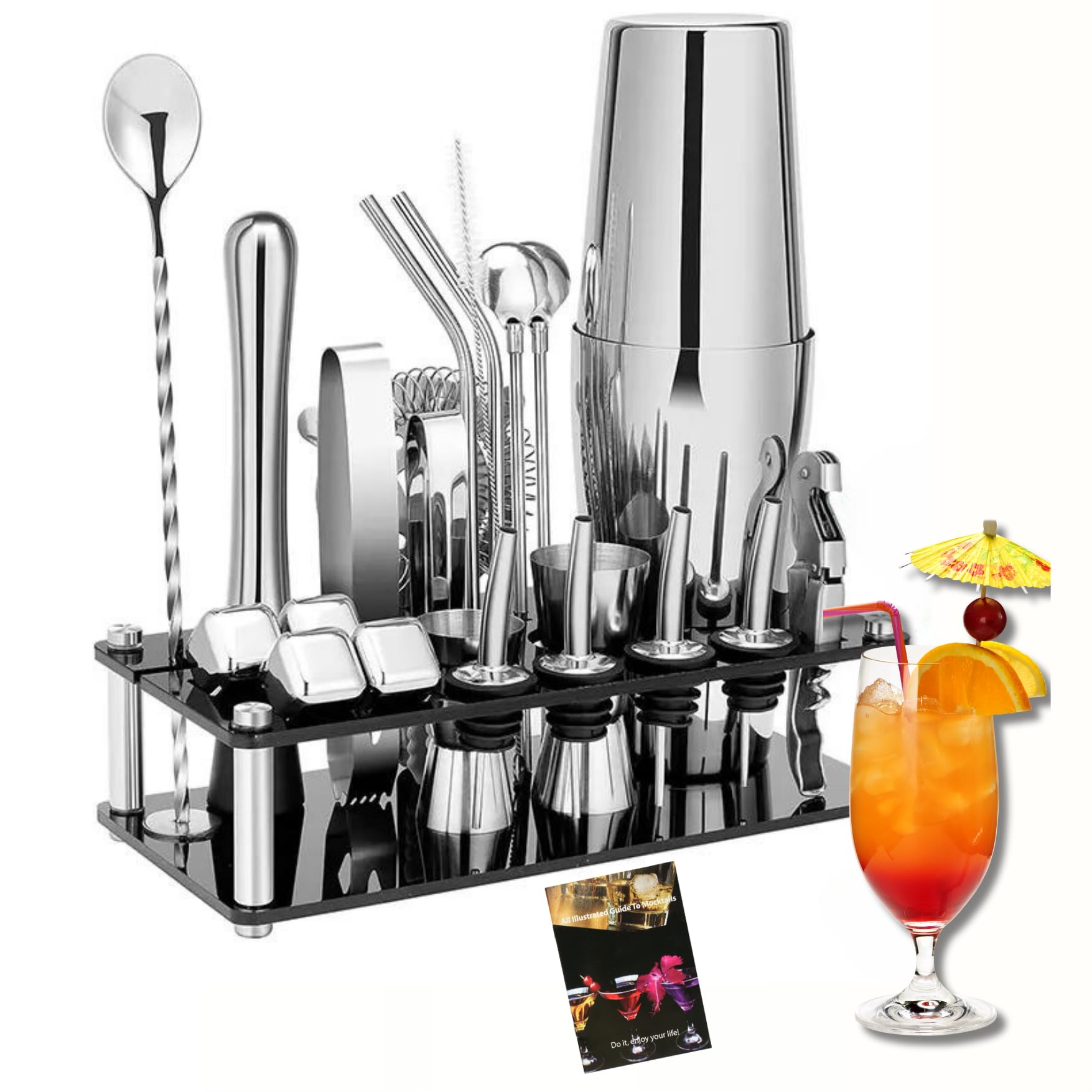 Cocktail Making Kit 23 pcs - 750ml Stainless Steel Cocktail Shaker Set with Acrylic Stand, Recipe Booklet, Includes 4 Whiskey Stones - Complete Bar Kit Tools for Mixing Drinks at Home, Bar, Parties