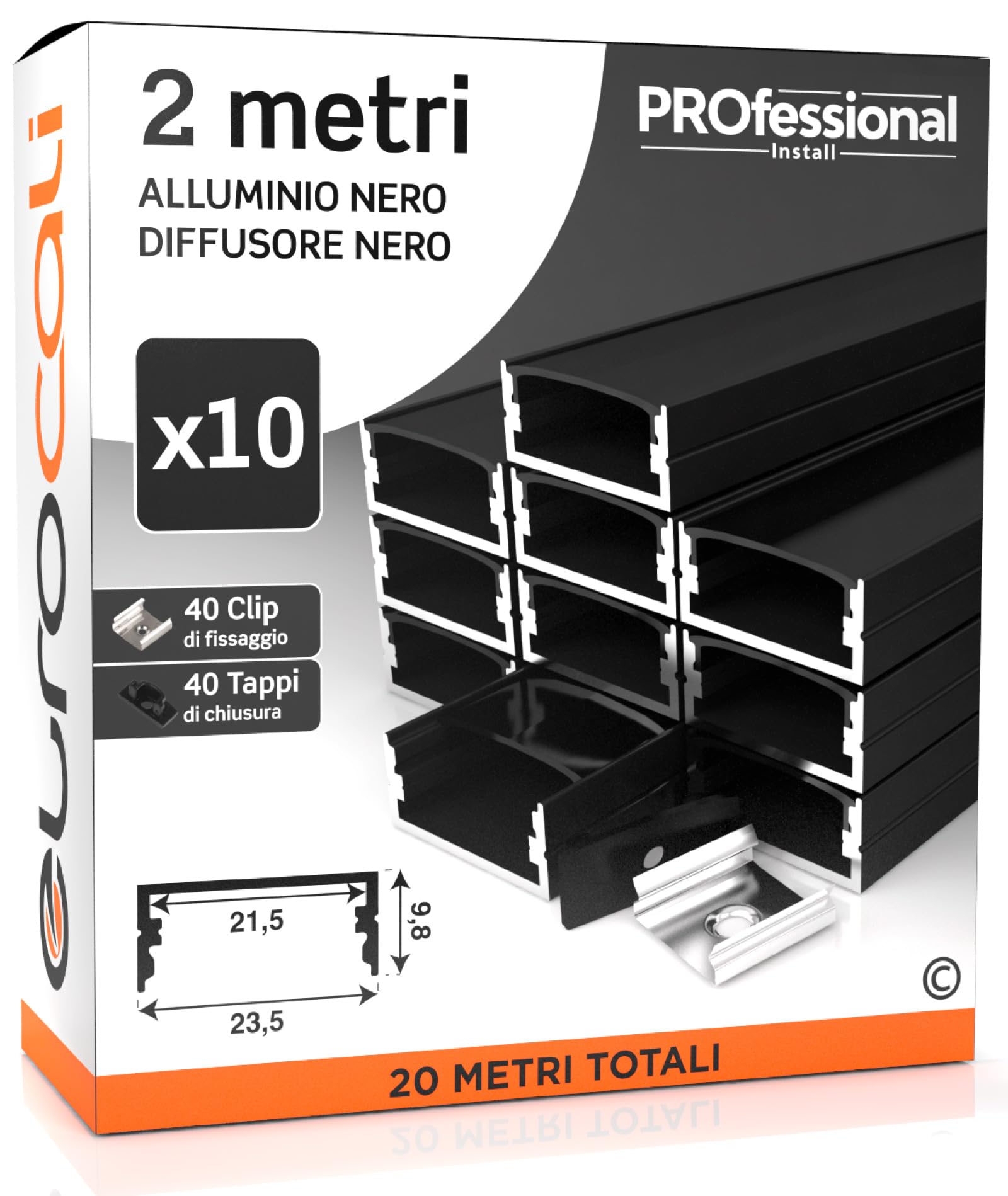 Eurocali 10x Profili da 2 metri (20mt) in Alluminio Nero per Strisce LED Copertura Opaca larghezza max striscia led 21.5 mm - 23.5 x 10