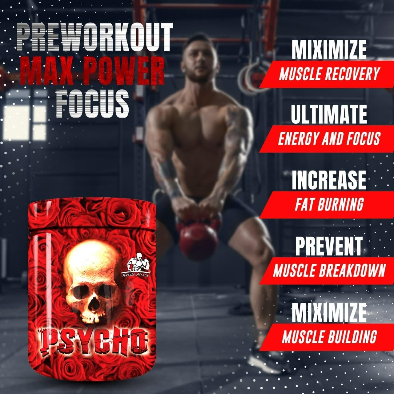 MUSCLE ATTACK Psycho Pre Workout, Powerful Energy, Explosive Heat, Intense Pump, Enhanced Stamina, Mental Focus, Muscle Building Support (180 Gram, Blueberry) — Amazon image 5