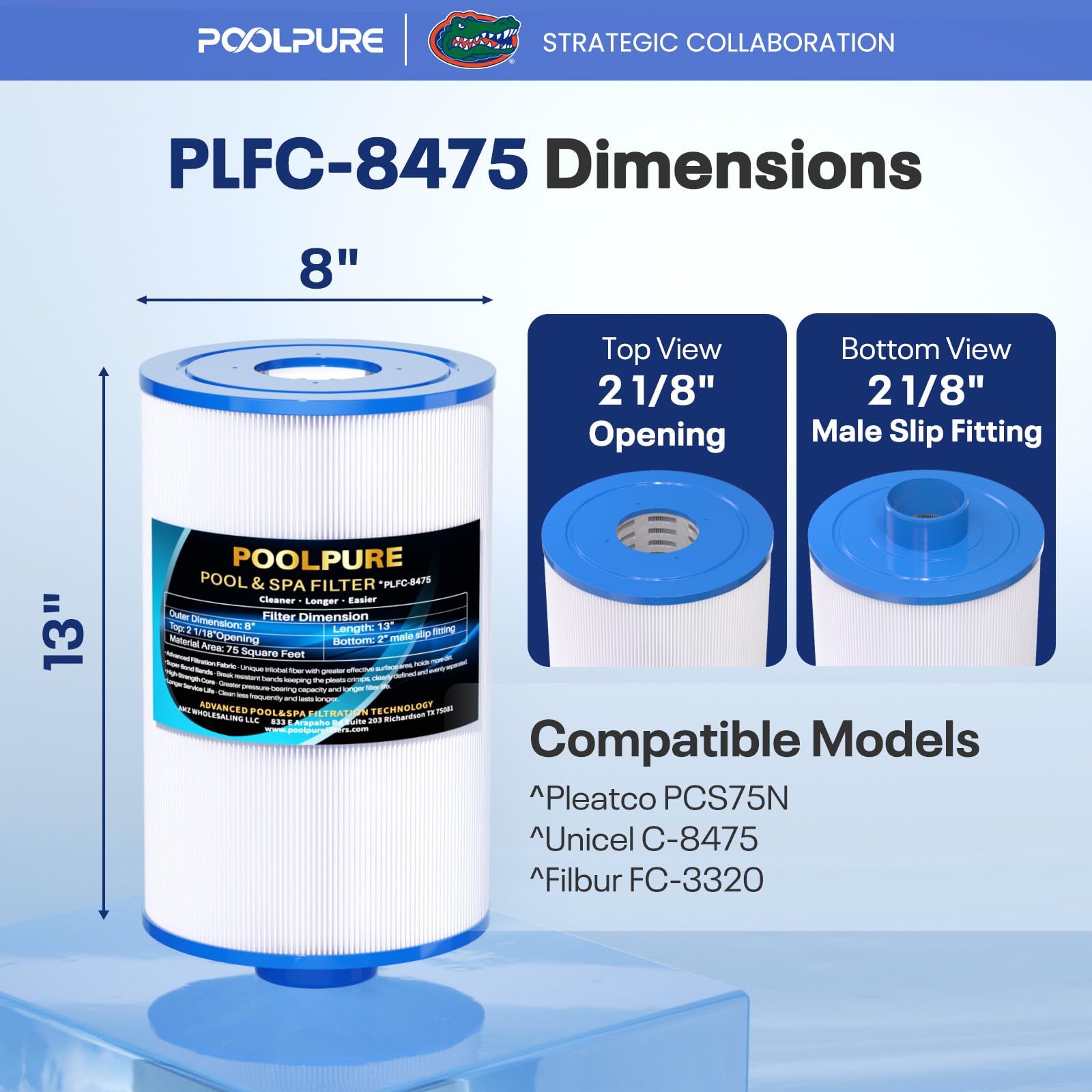 POOLPURE PCS75N - Filtro de spa sustituye a Unicel C-8475, Filbur FC-3320, Coleman Spas 75, 100594, 3301-2262, cartucho de filtro de bañera de hidromasaje de 8 x 13