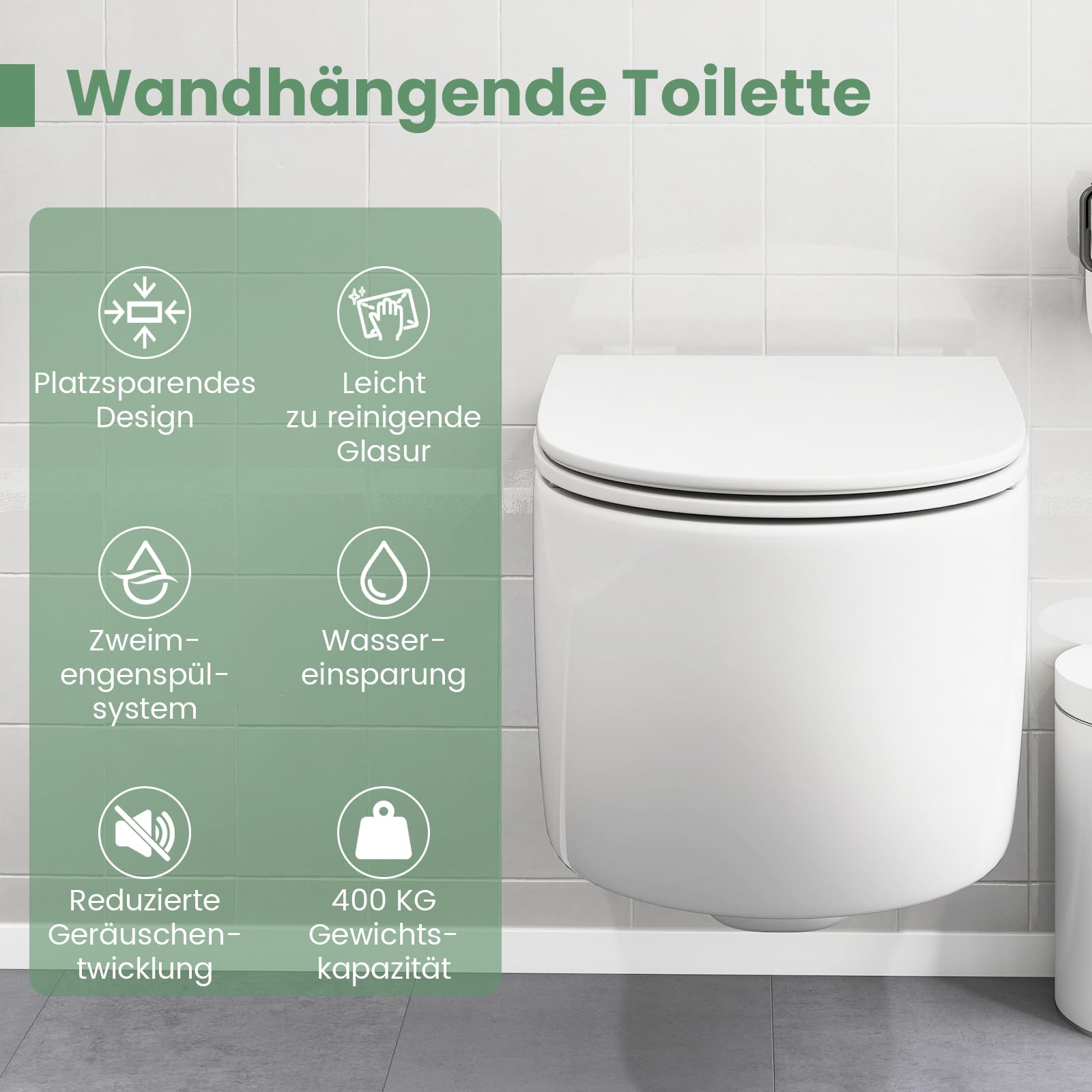 COSTWAY Naścienna muszla klozetowa bez obramowania, ceramiczna wisząca muszla klozetowa z deską sedesową, system podwójnego spłukiwania 4 l/6 l, wolnoopadająca i formaldehydowa Urea, kompletny zestaw