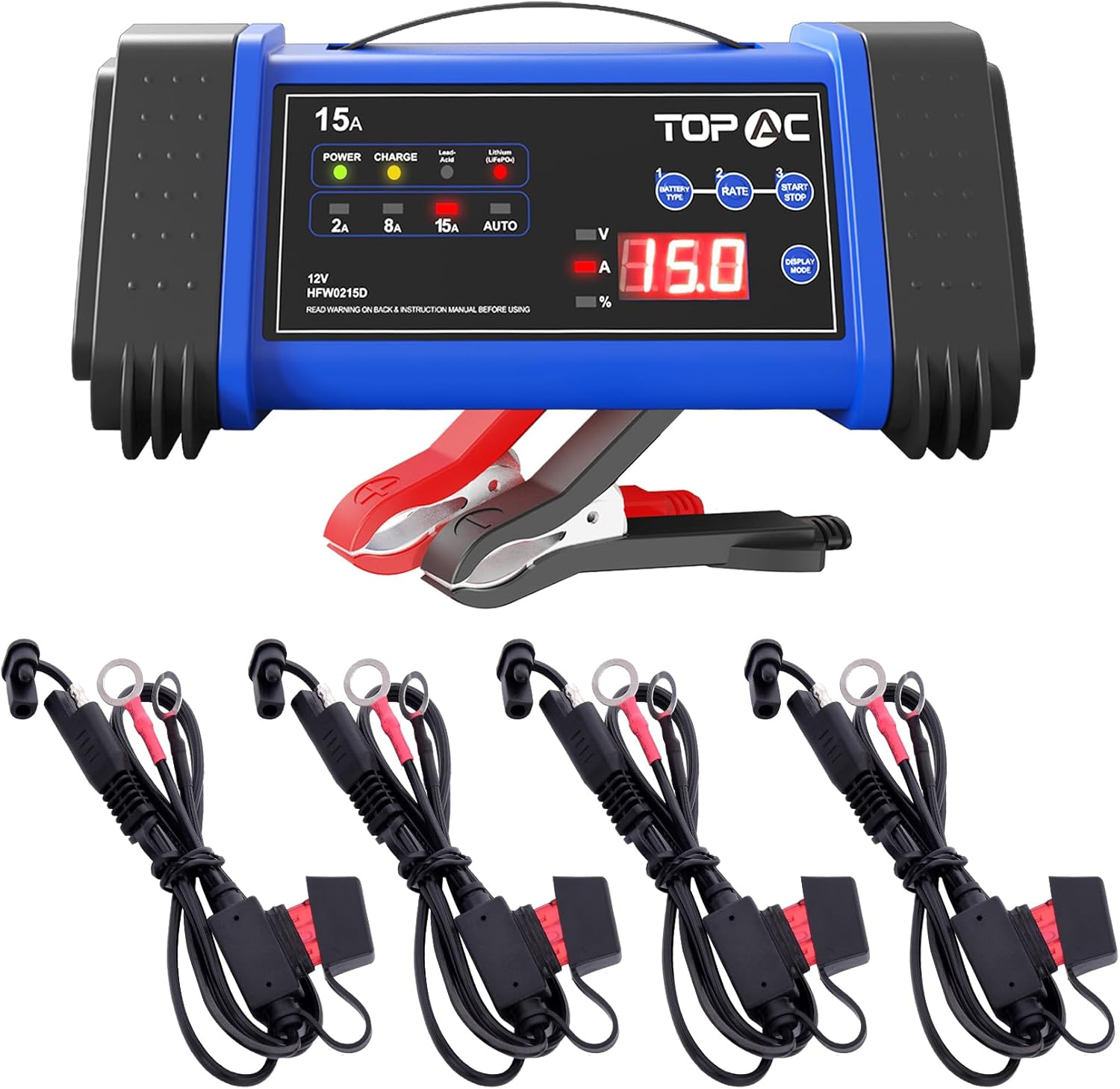 TOPAC 15 Amp Car Battery Charger with 4 PCS 22" 10A Fused