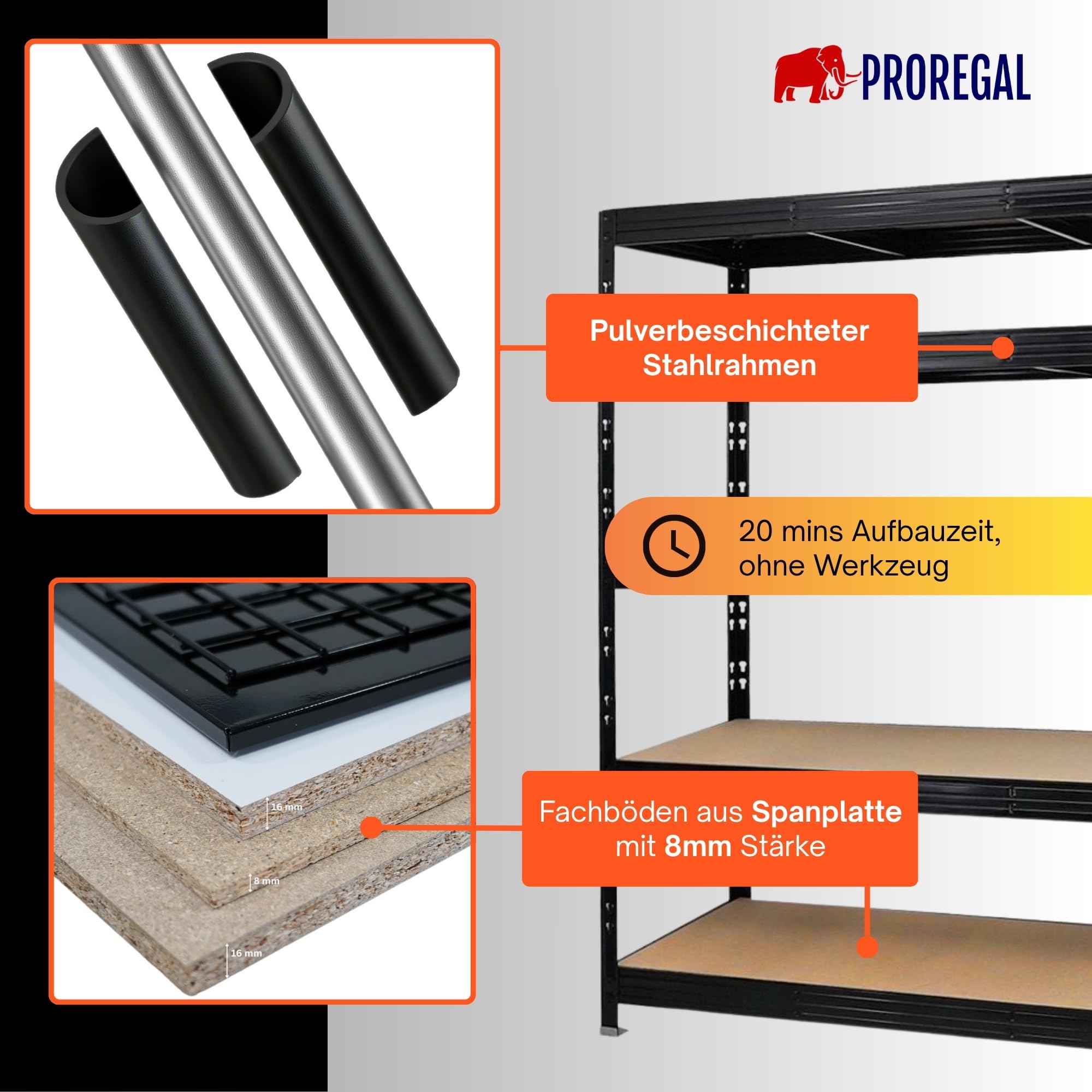 PROREGAL Profi Schwerlastregal Rhino EXTRA BREIT schwarz HxBxT 180x200x60cm Fachlast 500kg 5X Spanplatten-Ebenen 8mm Garagenregal, Lagerregal, Steckregal, Weitspannregal