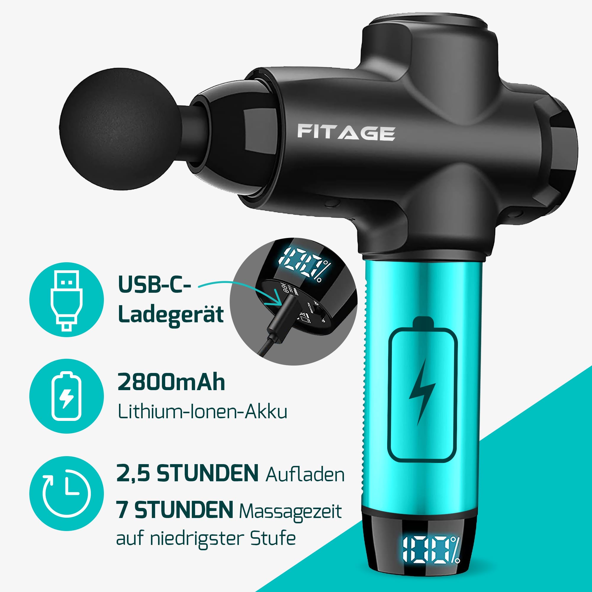 FITAGE Massagepistole, Leises Massagegerät mit 30 einstellbaren Geschwindigkeitsstufen, Massage Gun, 12 Aufsätze für Tiefengewebe Schulter, Rücken und Ganzkörperentspannung, Massage-Pistole – Original