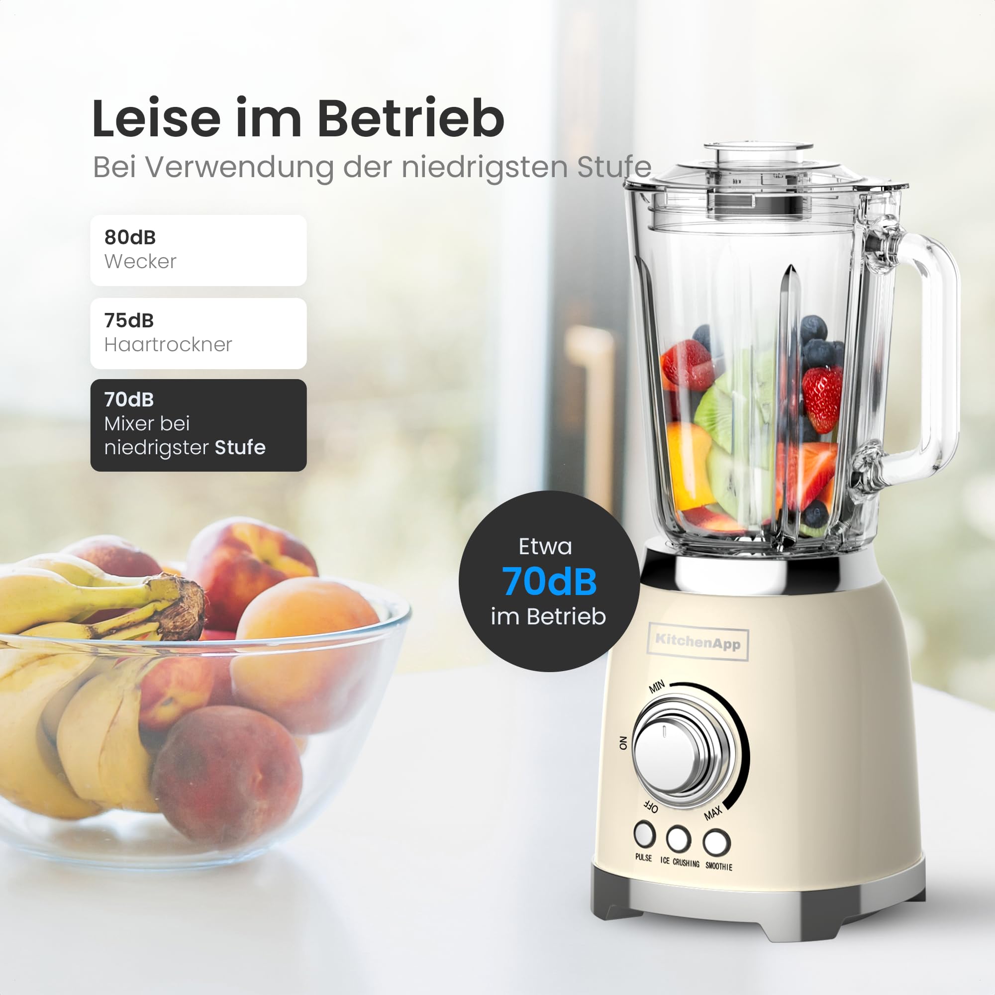 Retro Standmixer 1,5L mit Glaskanne – 800W Mixer mit Eiscrusher, Smoothie- & Pulse-Funktion, Beige