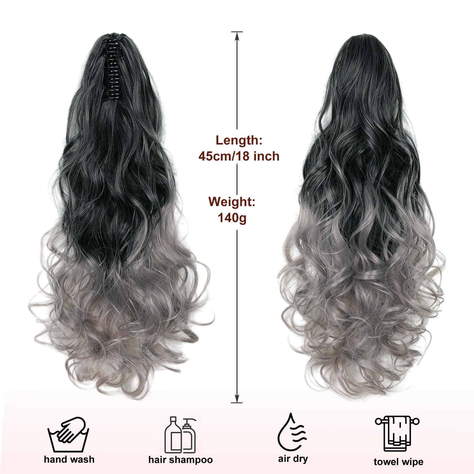 Dcbaboo Ponytail Extension Curly 18inch Claw Clip in Ponytail Hair Extensions Long Wavy Synthetic Pony tails Natural Wave One Piece Hairpiece Fake Ponytail for Women Black Ombre Grey - Image 3