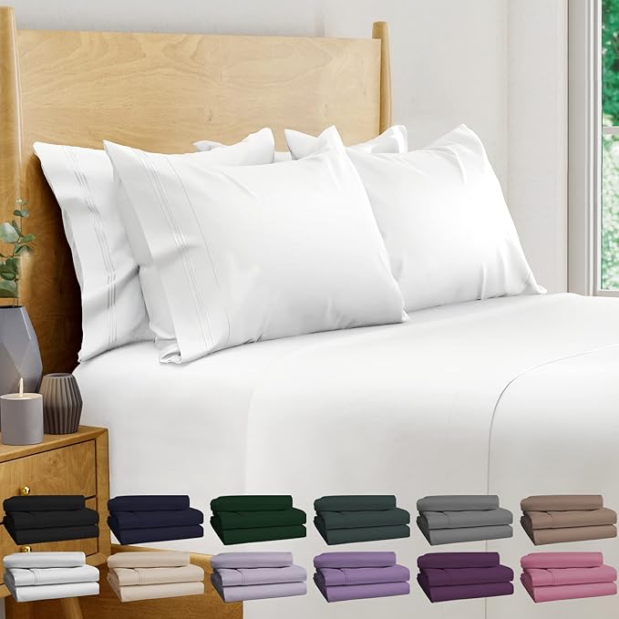 BAMPURE 100% Viscose from Bamboo Sheets King Size - 6PC Set - Super Soft Cooling Sheets - Up to 16’’ Deep Pocket - Luxury Series - 1 Flat Sheet,1 Fitted Sheet,4 Pillowcases (King White)