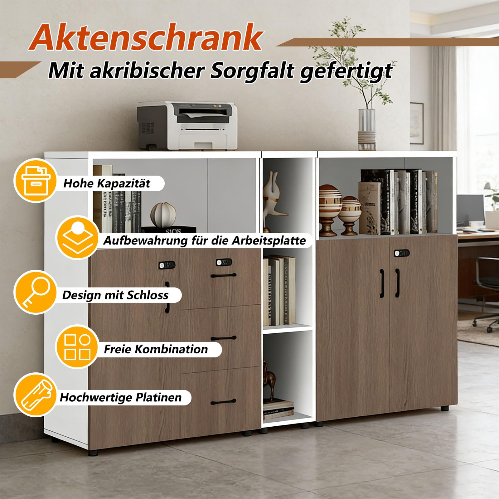Aktenschrank Holz Querformat mit Zahlenschloss, Büroschrank mit 3 Schubladen und Tür, Druckertisch Aufbewahrungsschrank für Büro Homeoffice, A4 & Letter Ordner Schrank mit offenen Fächern