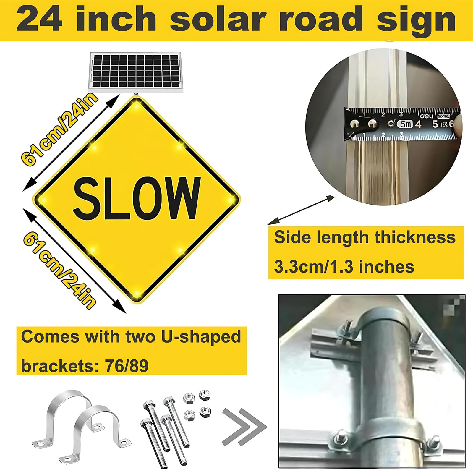 Señal de tráfico alimentada por energía solar, 61 x 61 cm, señal LED parpadeante, aluminio reflectante IP65 para seguridad de peatones en áreas residenciales y de trabajo