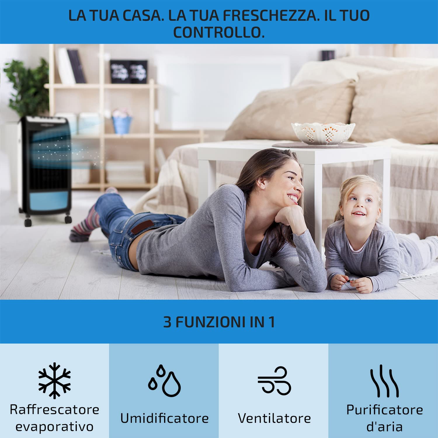 Oneconcept - Caribbean Blue, refrigeratore d’aria portatile, ventilatore, umidificatore, 3 velocità, portata d'aria 400 m³/h, 70 W, serbatoio 4 l, 2 vaschette ghiaccio, oscillazione, 4 rotelle (ebano)