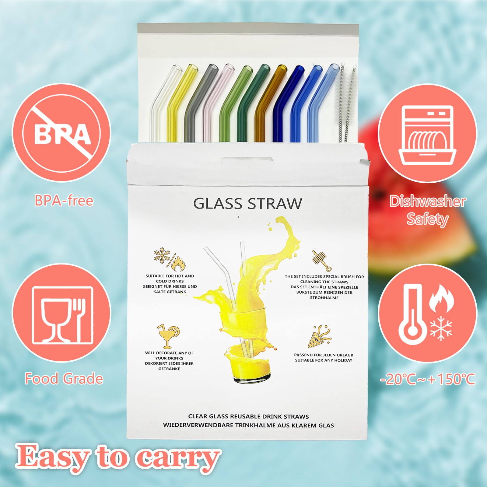 10 Piezas 200 mm Pajitas Reutilizables Vidrio, LFGB Certificación Pajitas de Vidrio Multicolor con 2 Cepillos de Limpieza, Sin BPA, Pajitas de Cristal para Cócteles, Batidos y Jugos