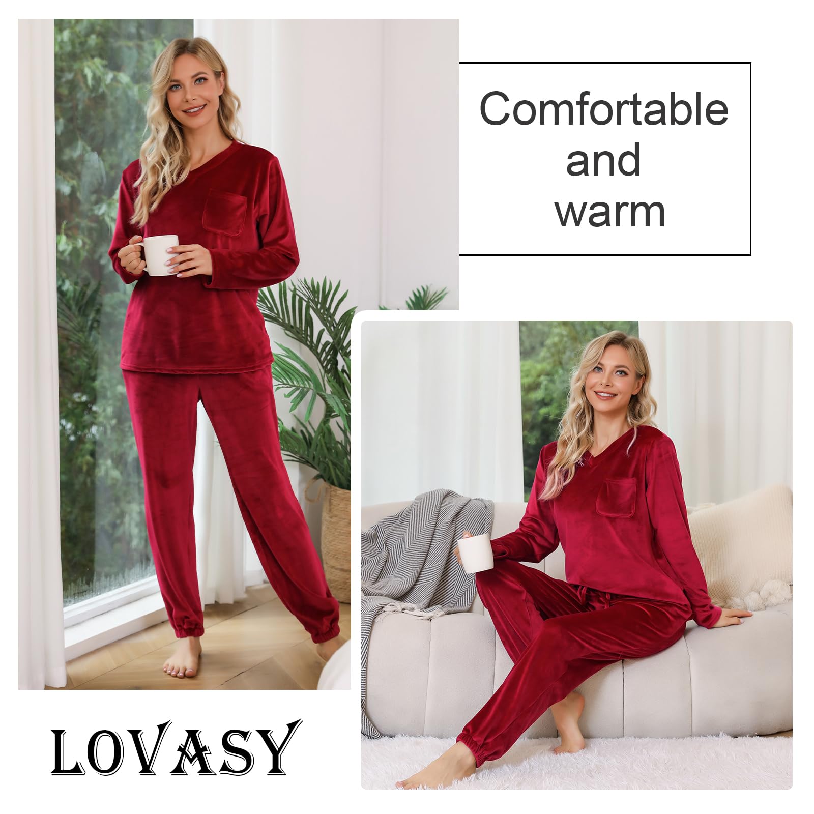 Lovasy Pyjama Polaire Femme Ensemble de Pyjama Hiver Chaud et Moelleux avec Poches Vêtements de Nuit à Manches Longue