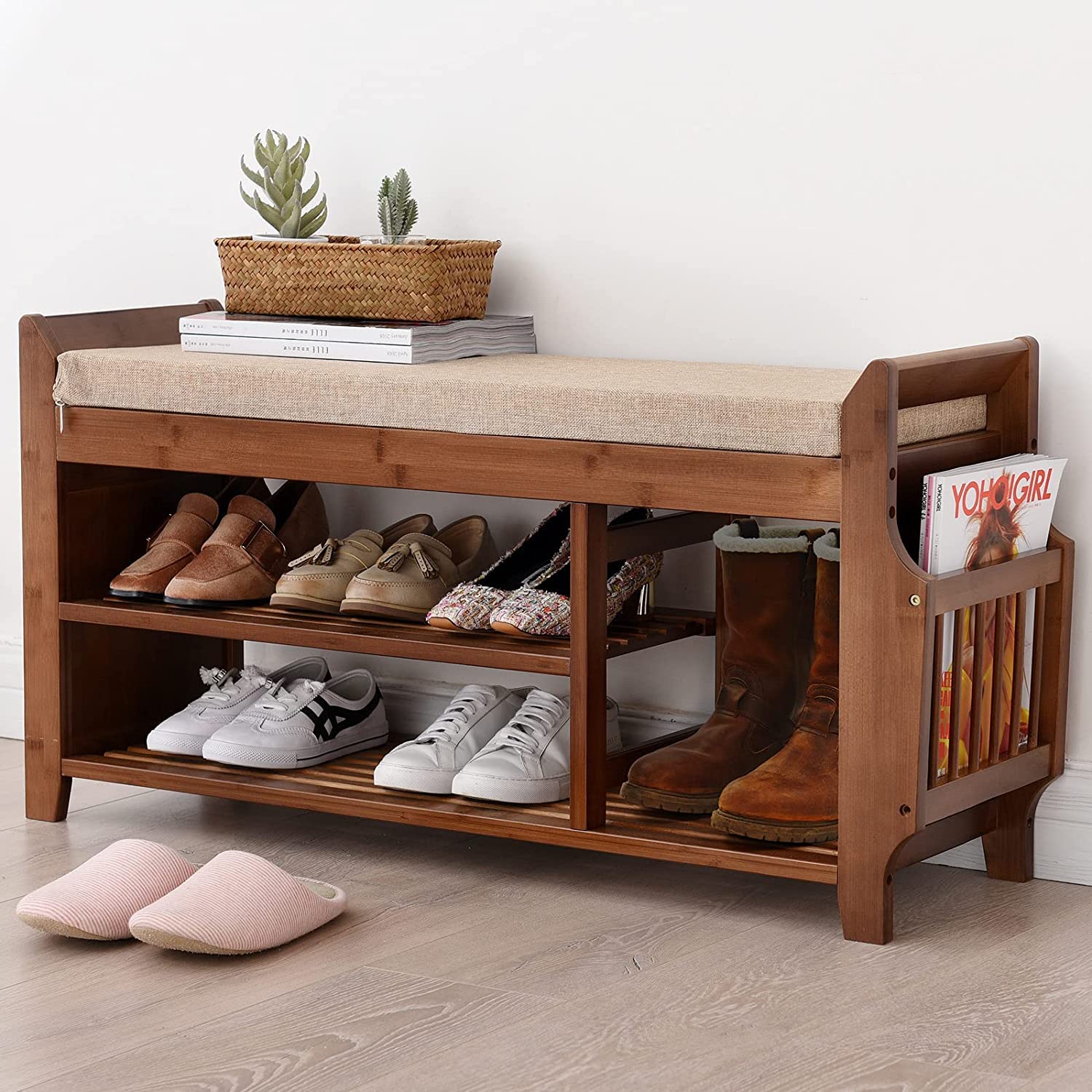 Banc à chaussures avec rangement et organisateur en bambou pour entrée