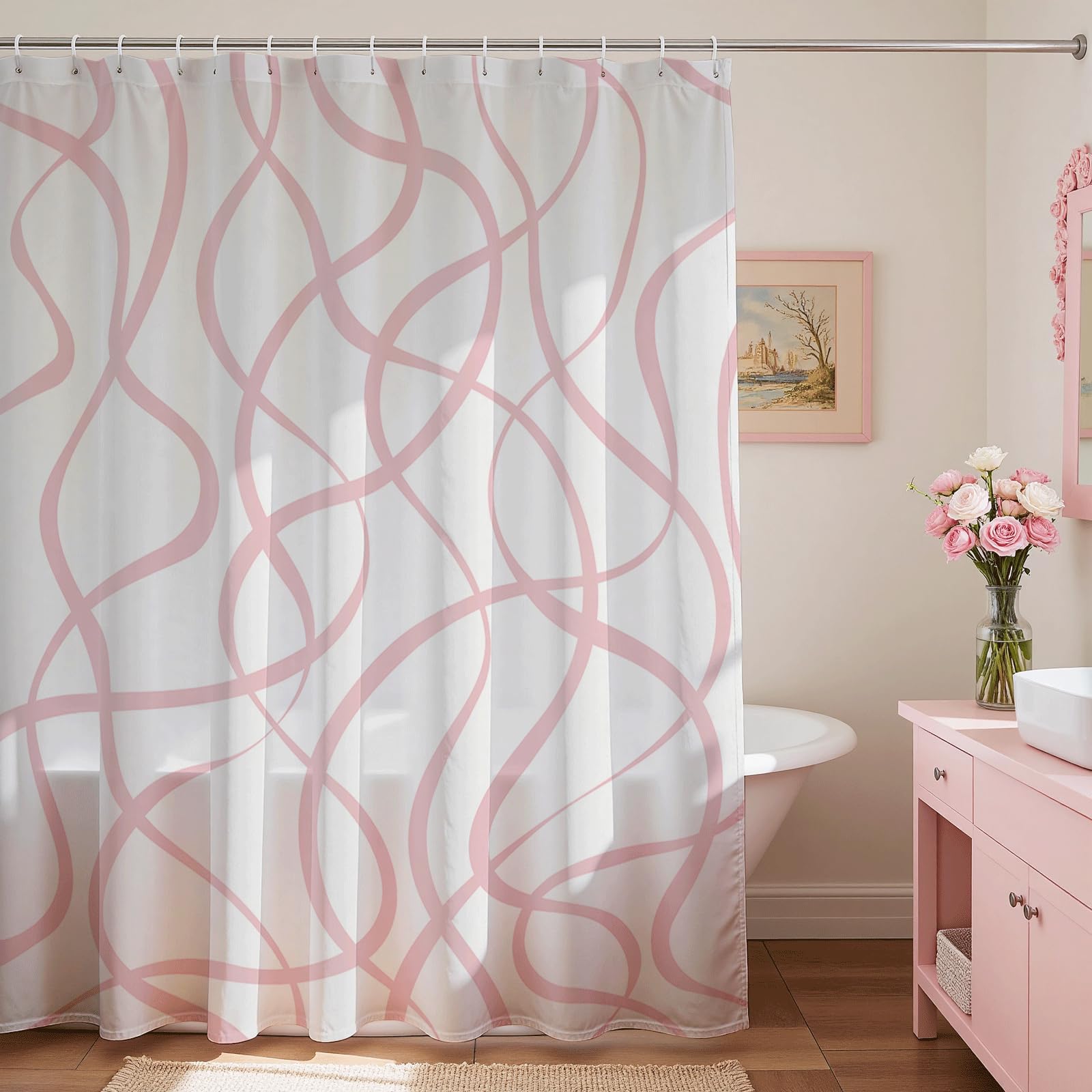 Mocsicka Pink Striped Shower Curtain with 12 Hooks Modern Abstract Wavy Pink Shower Curtain for Girls Women Waterproof Fabric Bath Curtain, 72 x 72