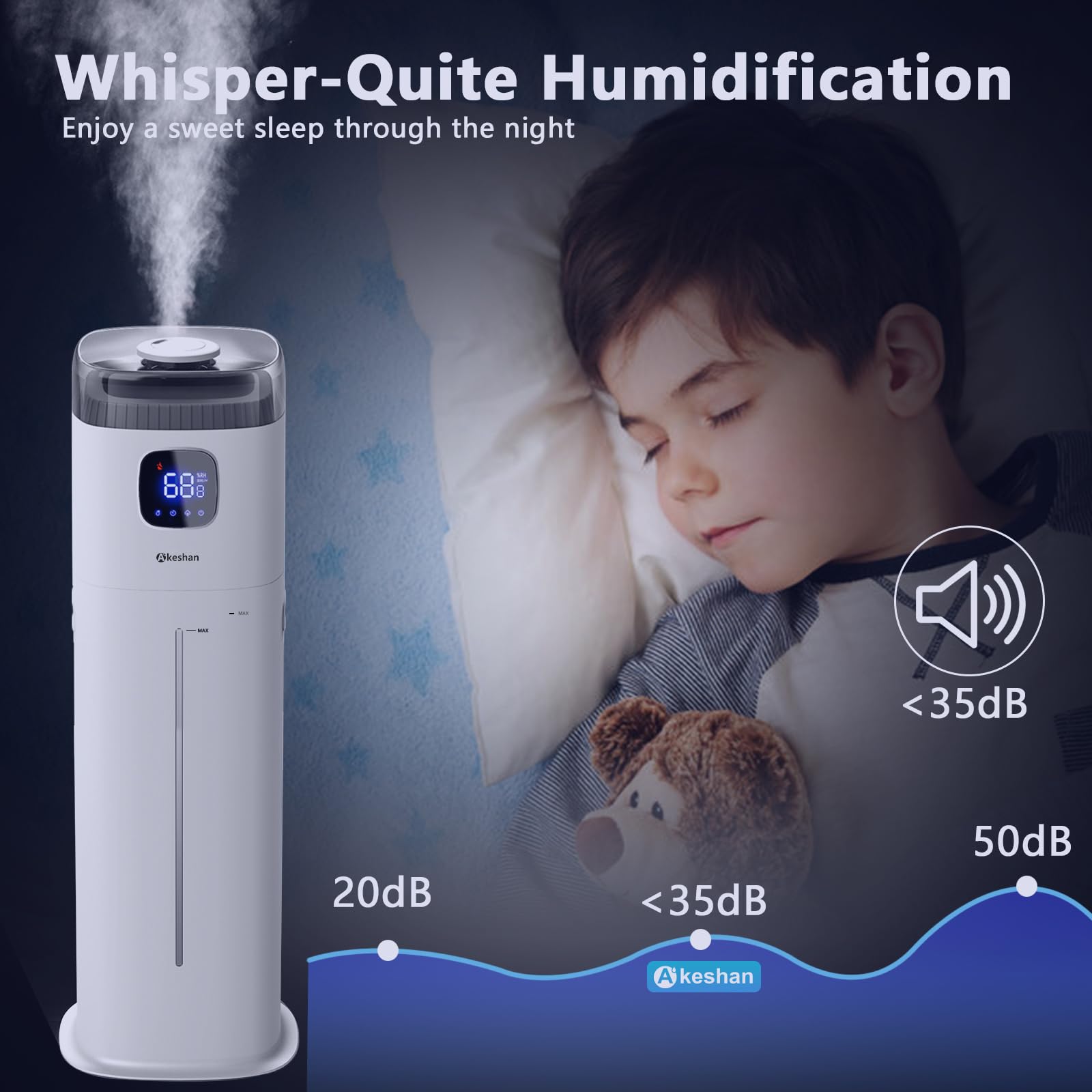Akeshan - Humidificador grande para recámara, 9 L/2.5 galones, niebla fría ultrasónica, fácil de limpiar con velocidad de niebla grande de 350 ml/h, control remoto, torre silenciosa, adecuado para