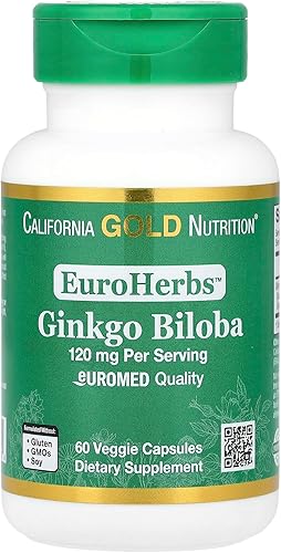 California Gold Nutrition EuroHerbs™, extracto de ginkgo biloba, calidad Euromed, 120 mg, 60 cápsulas vegetales