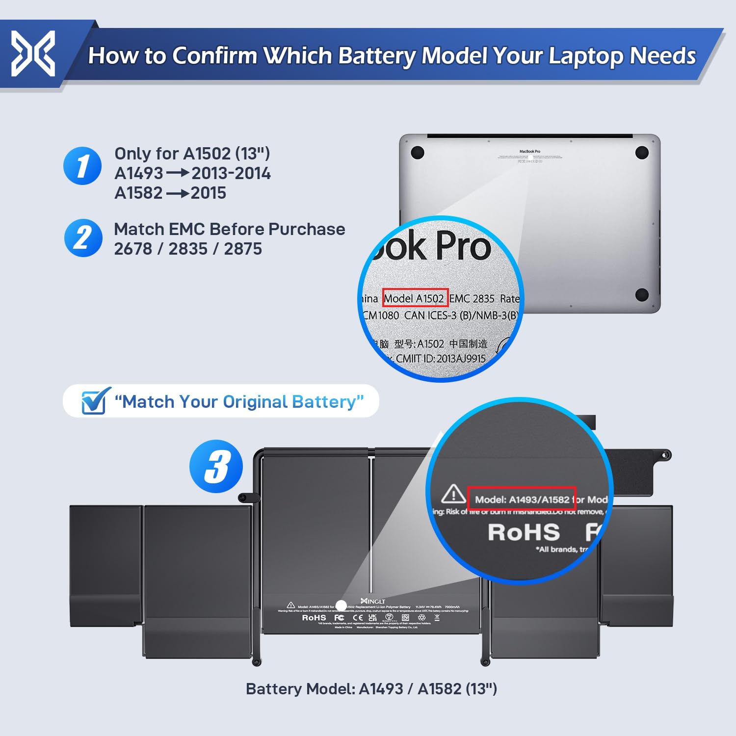 Batería A1502 A1582 para MacBook Pro Retina 13" EMC 2835/2678/2875, Batería MacBook Pro A1502 Reemplazo A1493 (Finales de 2013, Mediados de 2014, Principios de 2015)