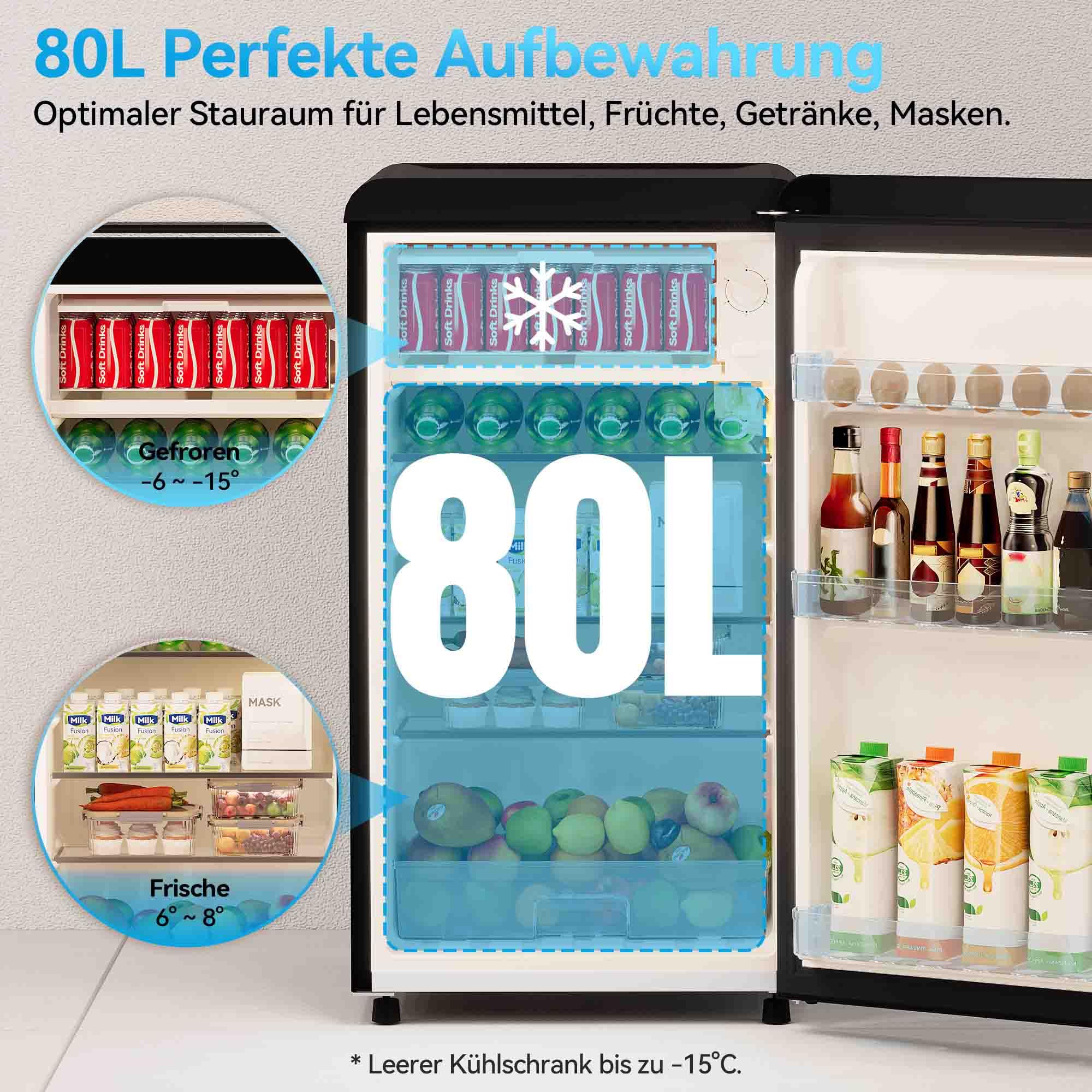 JUMMICO Kühlschrank 80L, mit Gefrierfach, inklusive LED-Beleuchtung, ideal für Getränke und Lebensmittel, kleiner Kühlschrank, schwarz