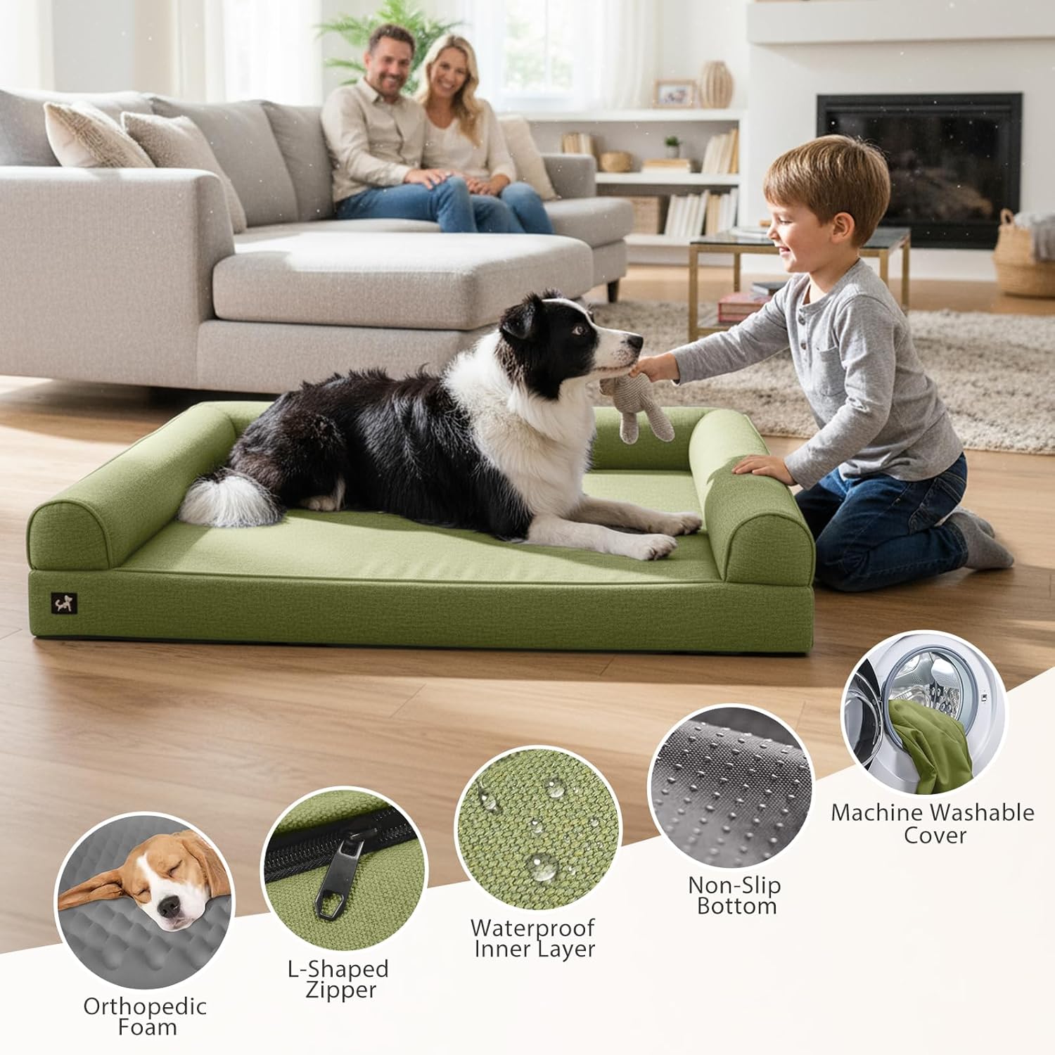 Sytopia 42in Dog Beds for Large Sized Dogs,XL Orthopedic Pet Bed with Removable Washable Cover, Waterproof Egg Crate Foam, Non-Slip Bottom, Supports up to 100+ lbs for Old Pet, Green