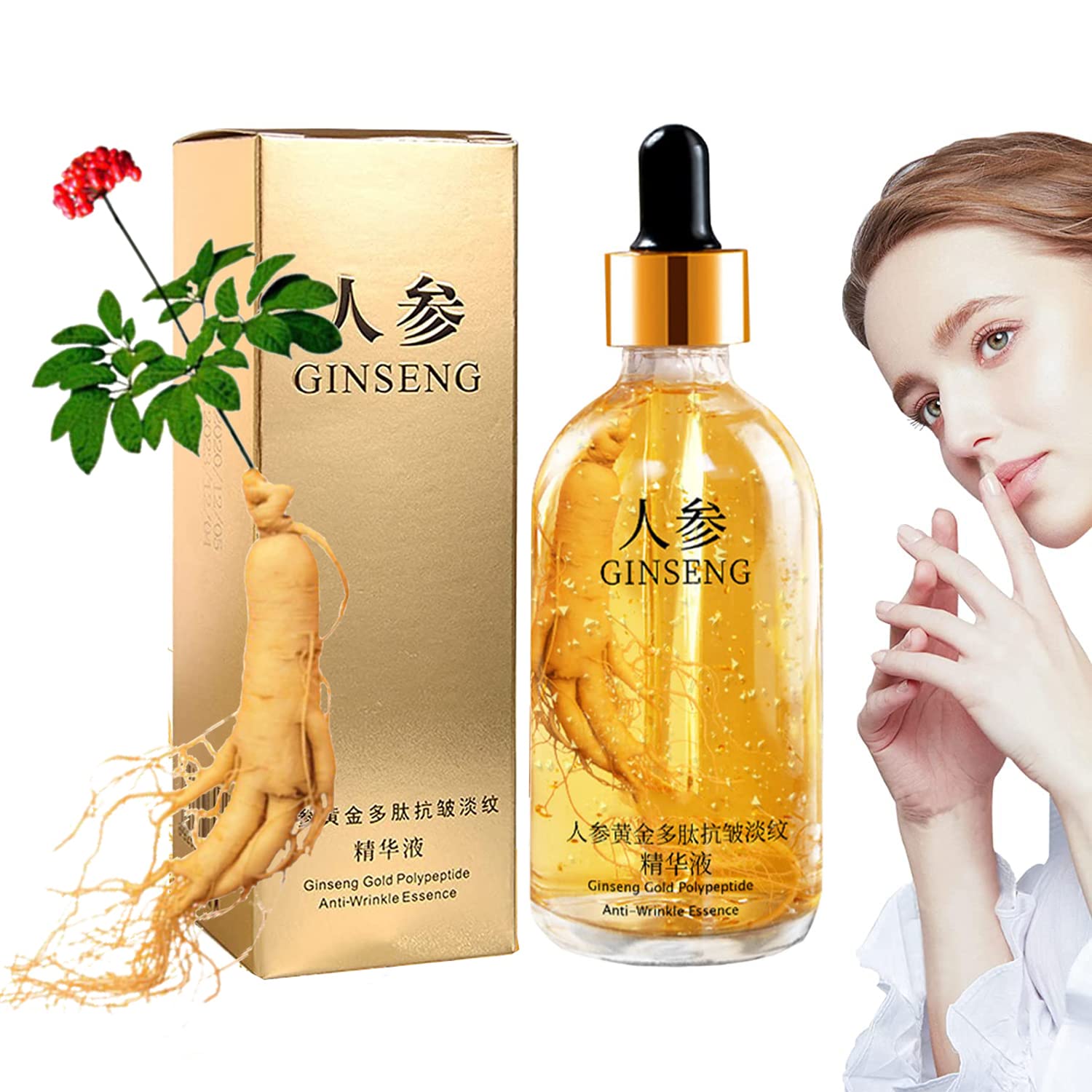 JANGOU Ginseng Gold Polypeptide Anti-Ageing Essence, Ginseng Radiance Serum, Ginseng Extract Skin Rejuvenating Face Serum,ginseng Face Oil for Tightening Sagging Skin, Reduce Fine Lines (2PCS)