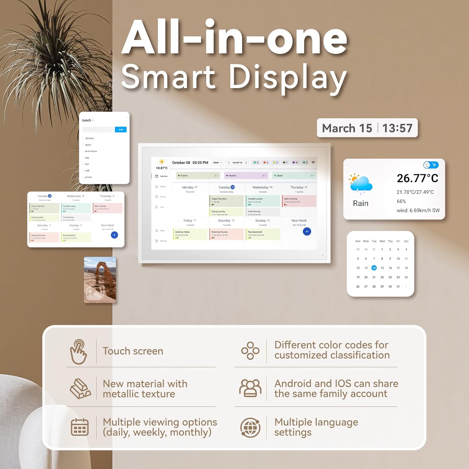 ISTOYO Digital Smart Calendar displaying a grid of family photos, with a smartphone showing the photo upload interface of the eCalendar app.