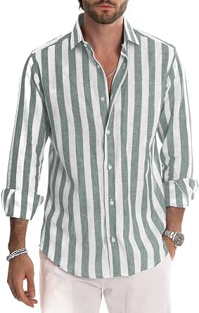 JMIERR Mens Linen Shirts Long Sleeve Button Down Striped Shirts