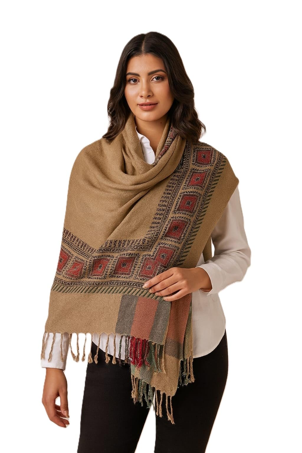 KRITI Paisley Design Woollen Beige Color Shawl For Women-image-21