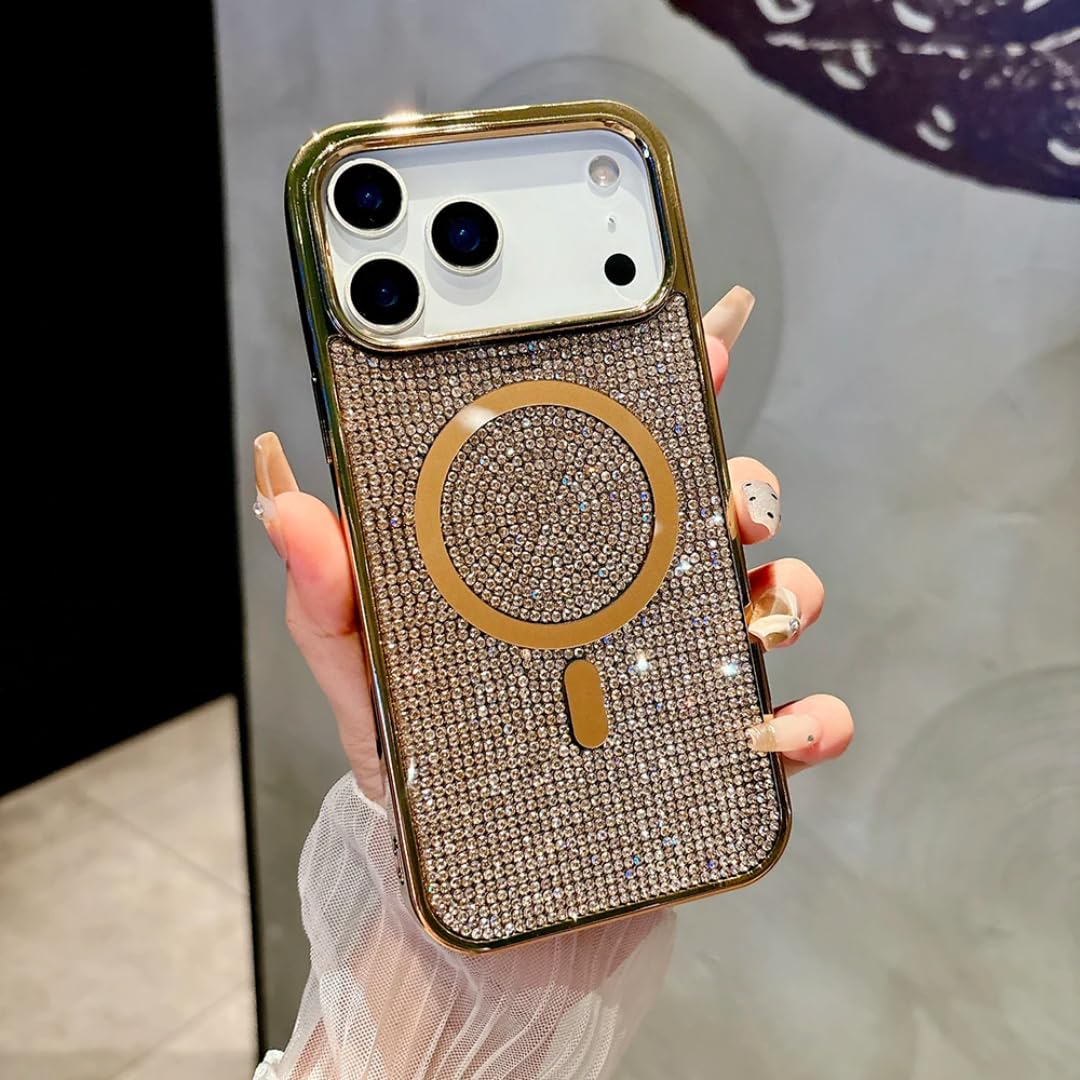 Funda magnética de Lujo con Lentejuelas Brillantes para iPhone 15 Pro (para iPhone 15 Pro/Dorado)