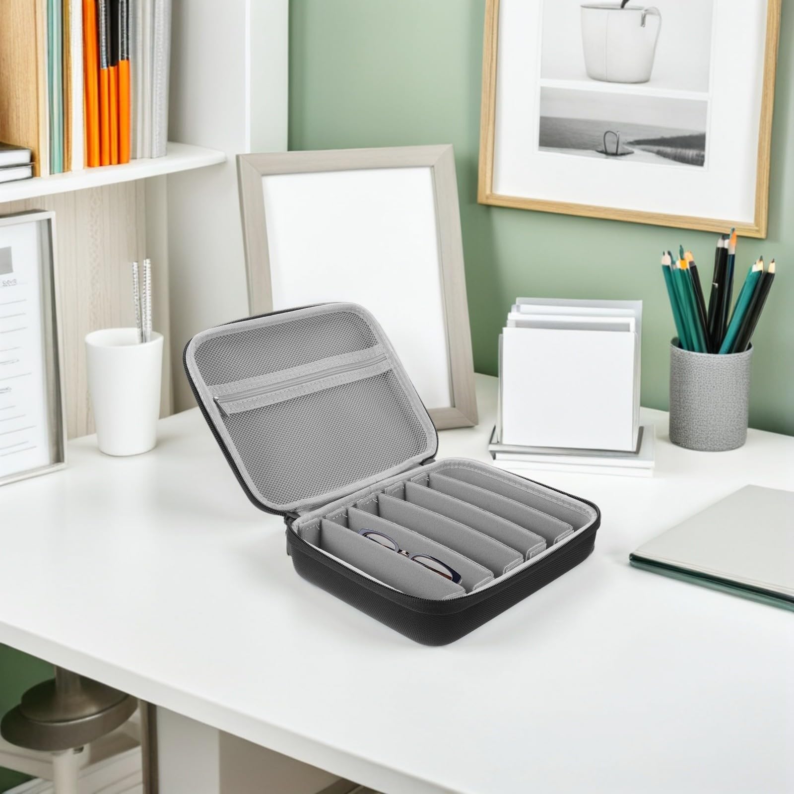 Veemoon Organiseur portable pour lunettes de soleil – Étui étanche à 6 emplacements – Résistant aux rayures et aux chocs avec poignée ; convient pour les hommes et les femmes pour les voyages en plein