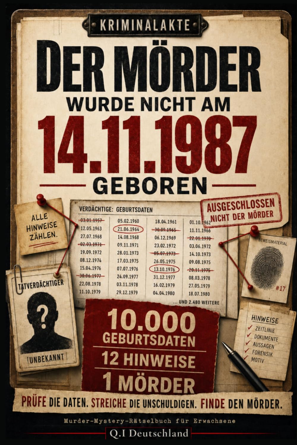 Der Täter wurde nicht am 14.11.1987 geboren: 10.000 Geburtsdaten, 12 Hinweise, 1 Täter – Interaktives Krimi-Rätselbuch zum Prüfen, Streichen und Kombinieren (Krimi- & Rätselbücher für Erwachsene)