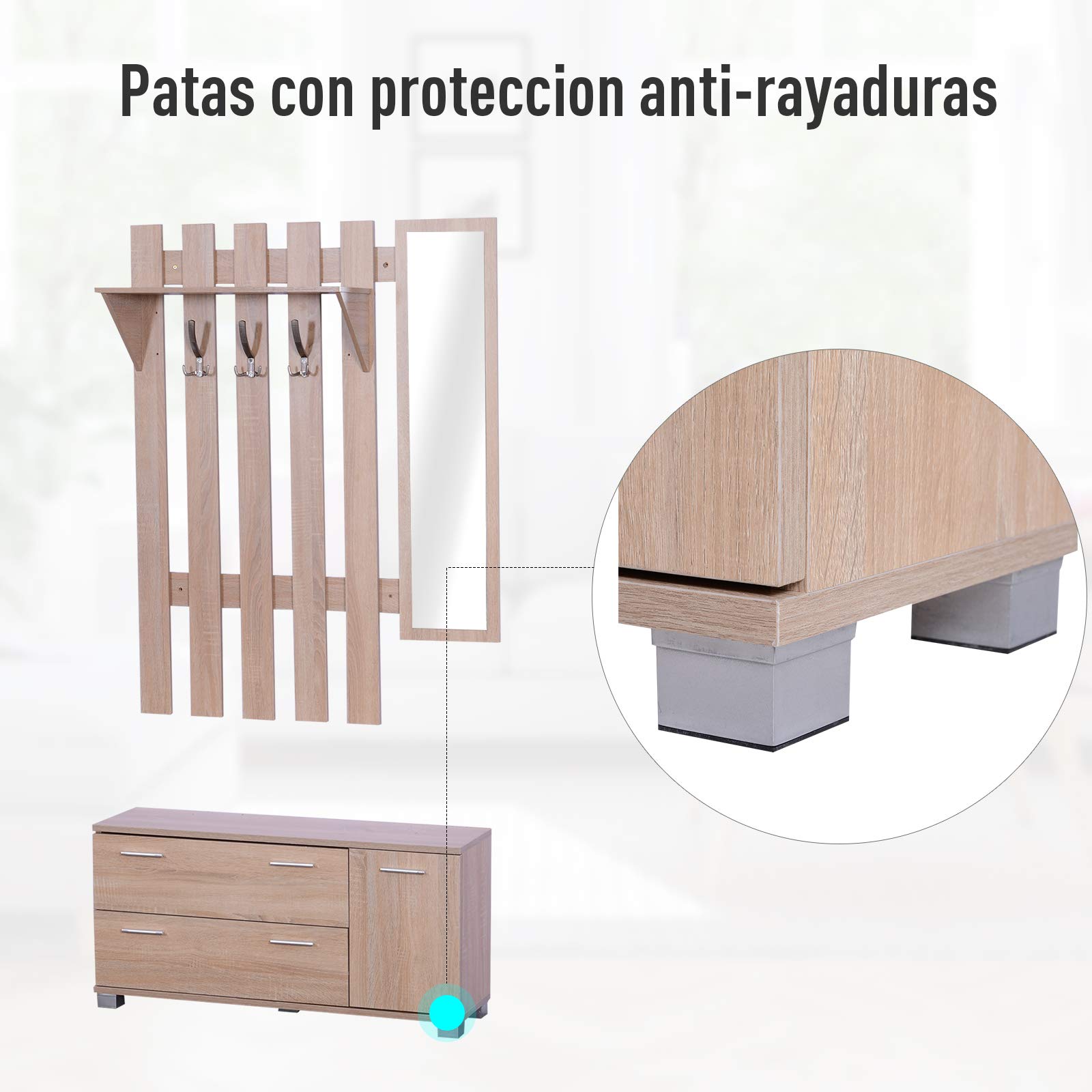 HOMCOM Conjunto de Recibidor de Entrada con Espejo Perchero y Zapatero Muebles de Entrada con 3 Ganchos Estante y 2 Cajones para Pasillo Roble