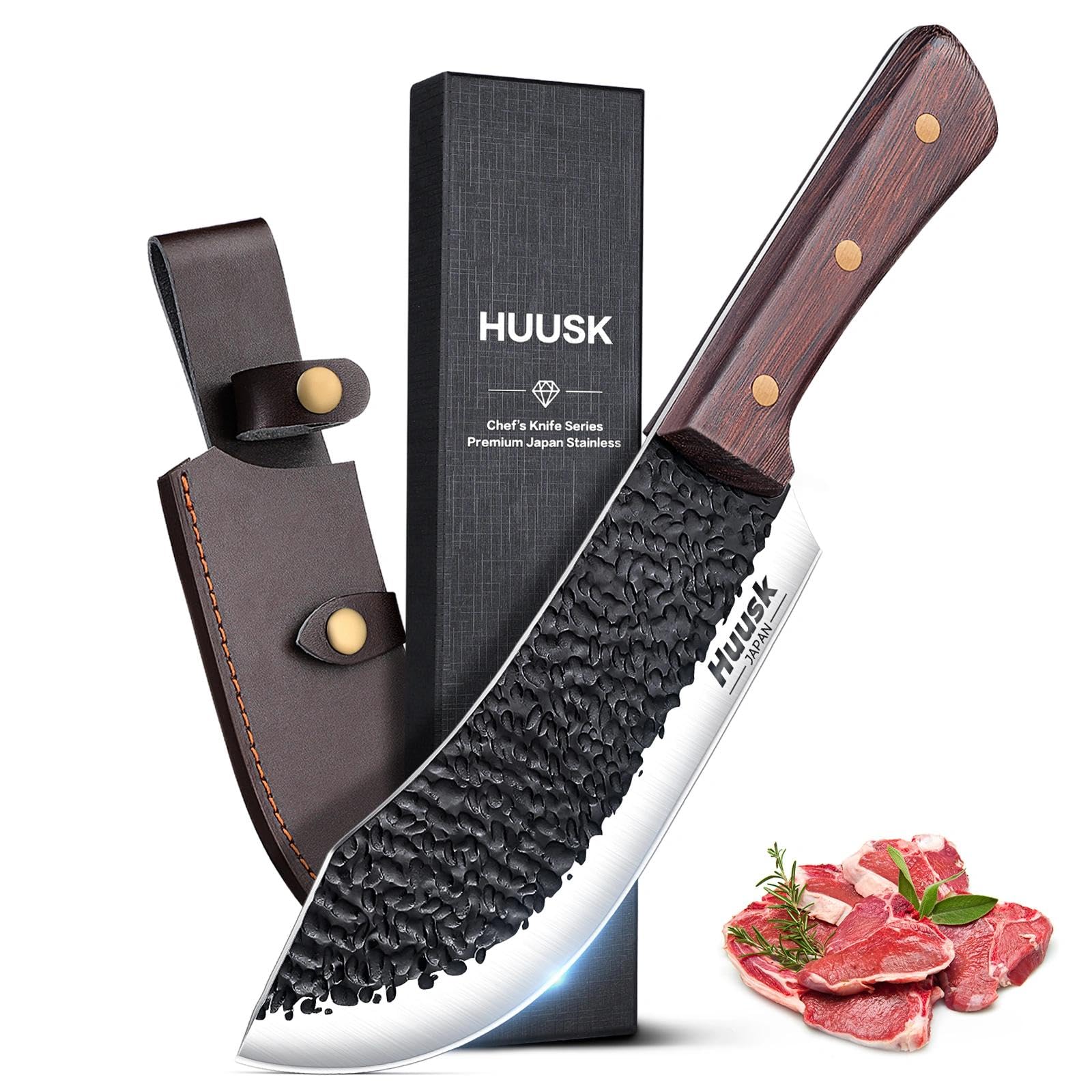 Huusk Meat Cleaver Knife - 7" Butcher Knife for Meat Cutting - Hand Forged Chopping Knives with Ergonomic Handle - Ultra Sharp Kitchen Chef Knives for Home Outdoor BBQ, Gifts for Men and Women