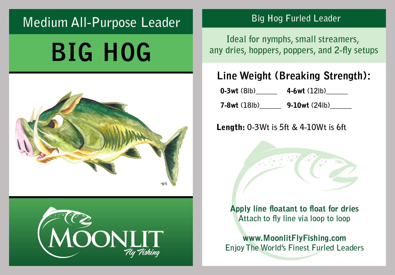 Big HOG (4-6wt) Medium All-Purpose Fly Leader - Dries/Streamer/Nymph (Quality Moonlit Furled Leader Made in The USA)