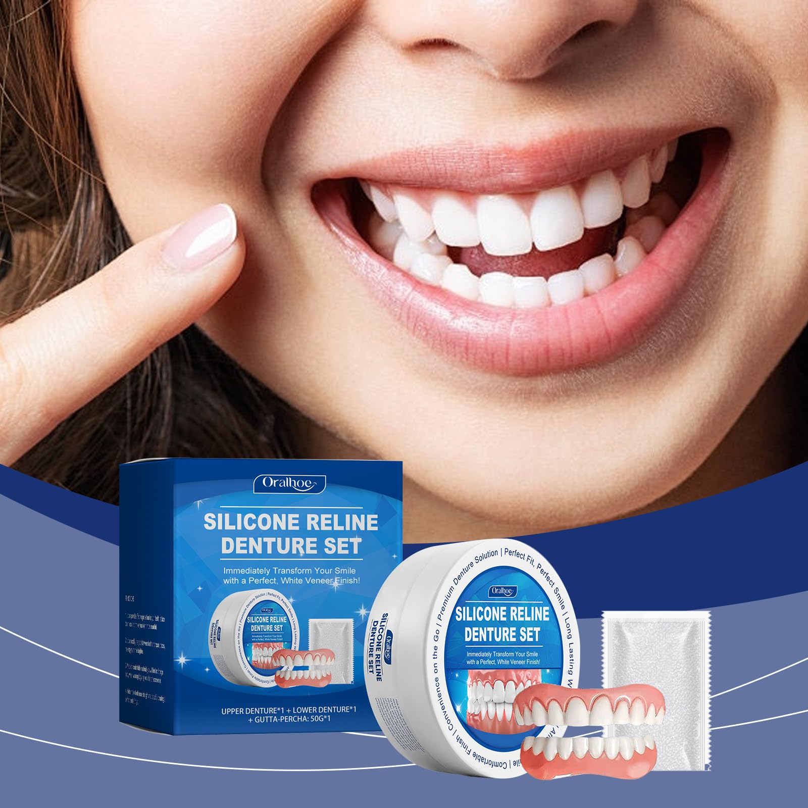 Silicone Reline Denture Set, Denture Silicone Kit, Teeth, Soft Denture Reline Kit, Adhesive for Men Women (2)