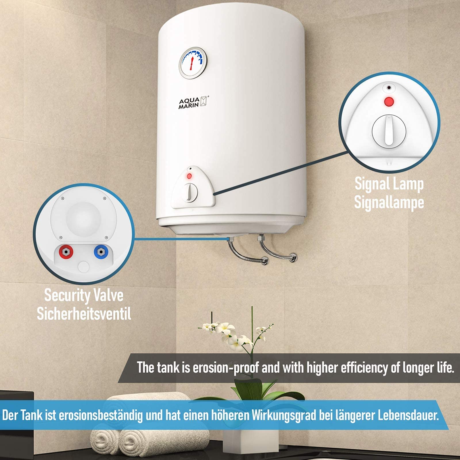 Aquamarin® Warmwasserspeicher - Elektro, 50l Speicher, Energiesparend, 1500W Heizleistung, max. 75°C, Thermometer, Sicherheitsventil, Magnesiumanode - Boiler, Warmwasserboiler, Wasserboiler
