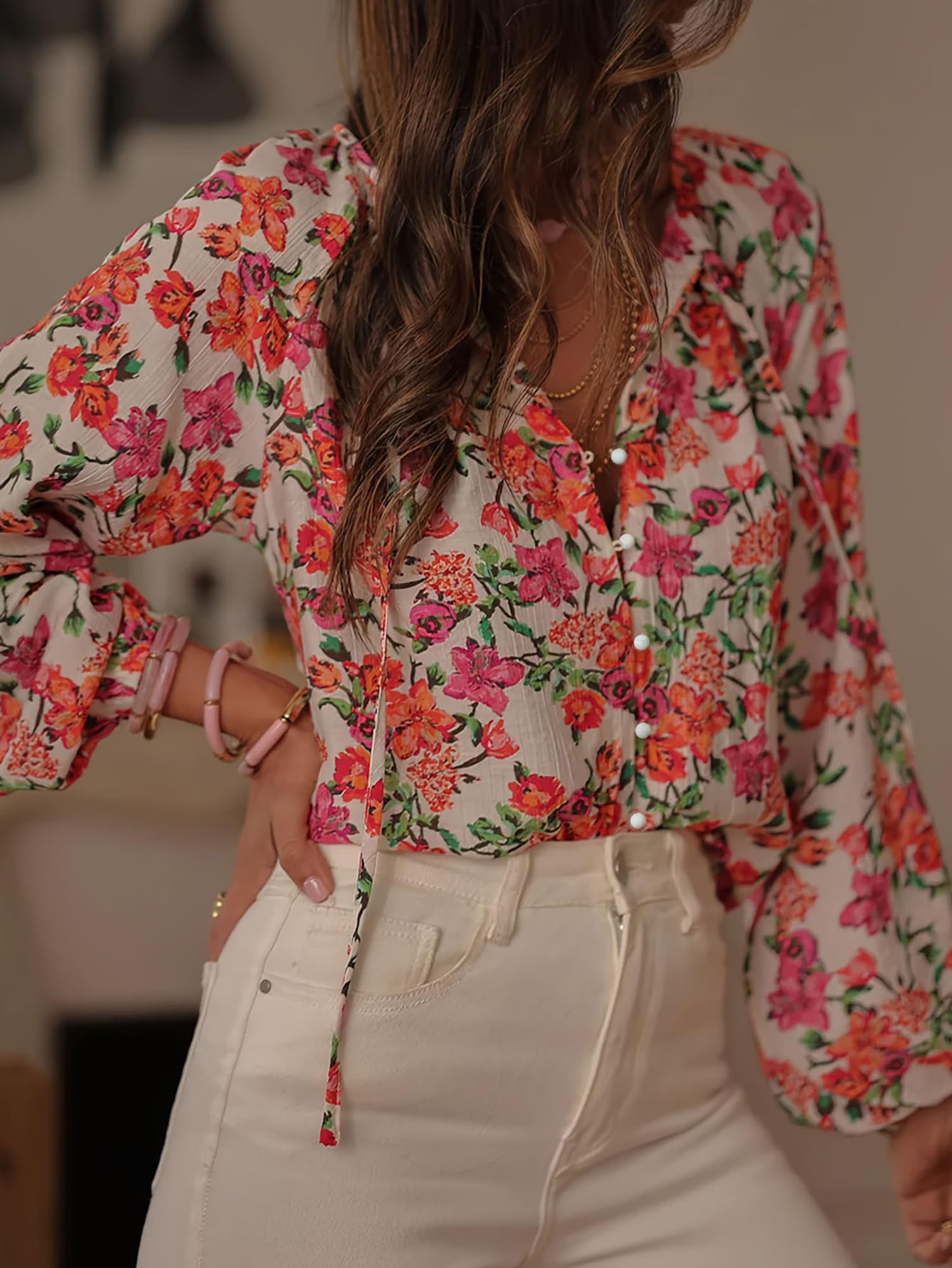 Chemisier Boutonné Vintage Floral pour Femme Manches Longues en Chiffon Hauts De Travail Professionnels
