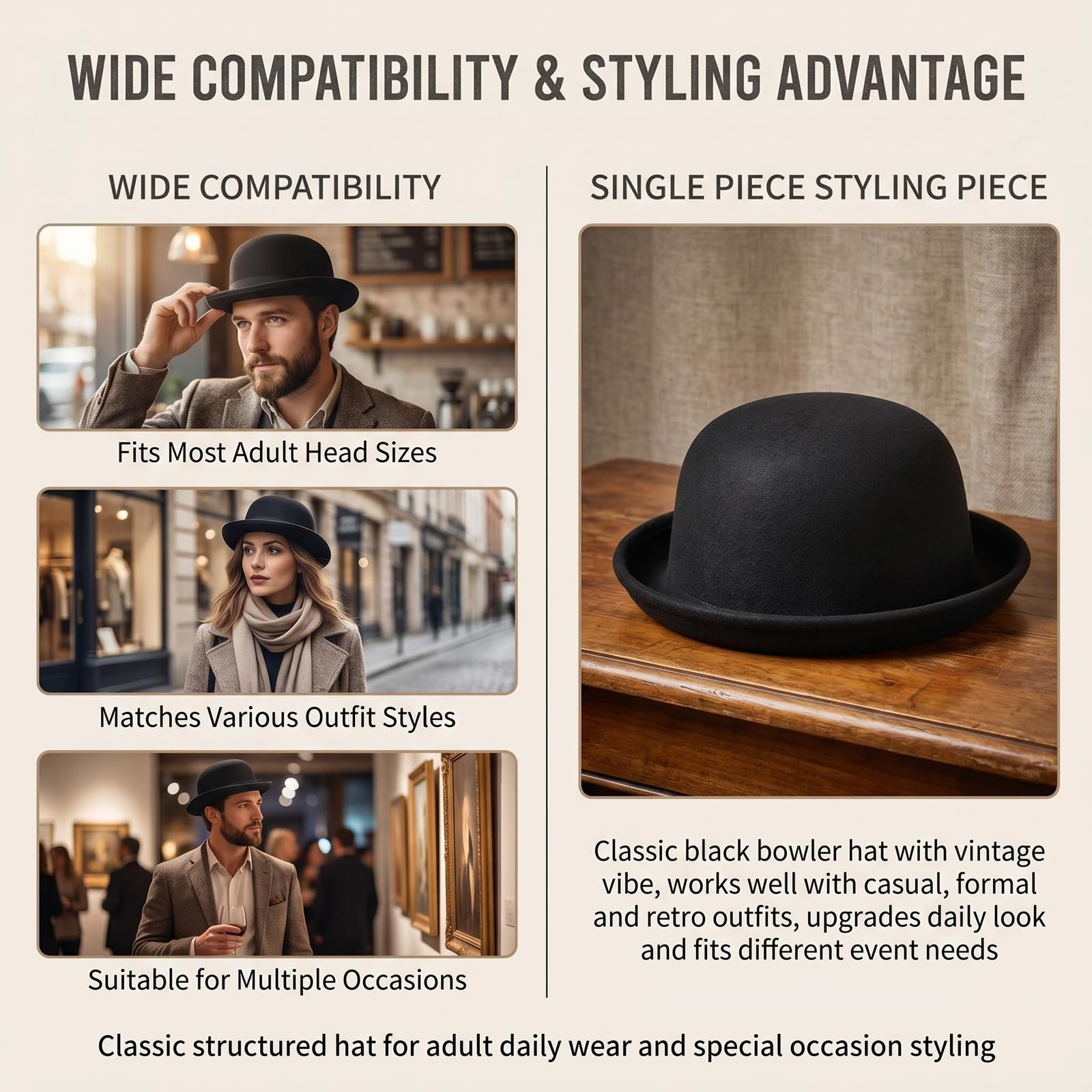 Chapeau melon Derby noir vintage à bord roulé pour homme et femme 56-58 cm