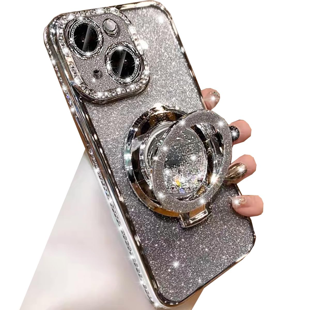 Changjia Glitter Kickstand Case for iPhone 14, Luxury Bling Sparkly Diamond Rhinestone with Camera Lens Protector Liquid Flowing Ring Stand TPU Bumper