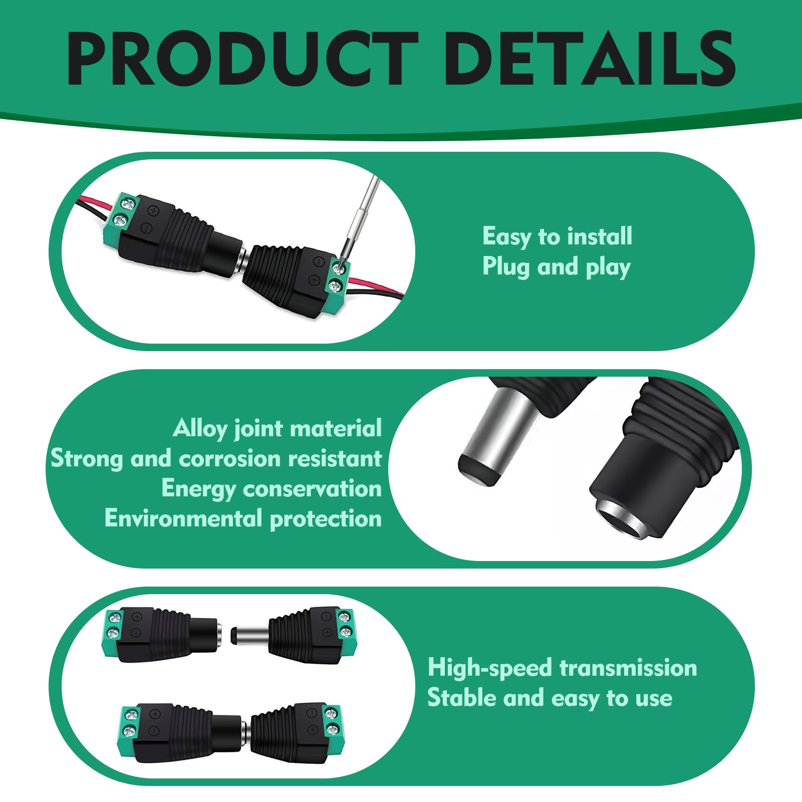 10 Paia Connettori DC 12V 5,5x2,1mm Maschio-Femmina – Per Strisce LED E Telecamere CCTV – Plug And Play - 3